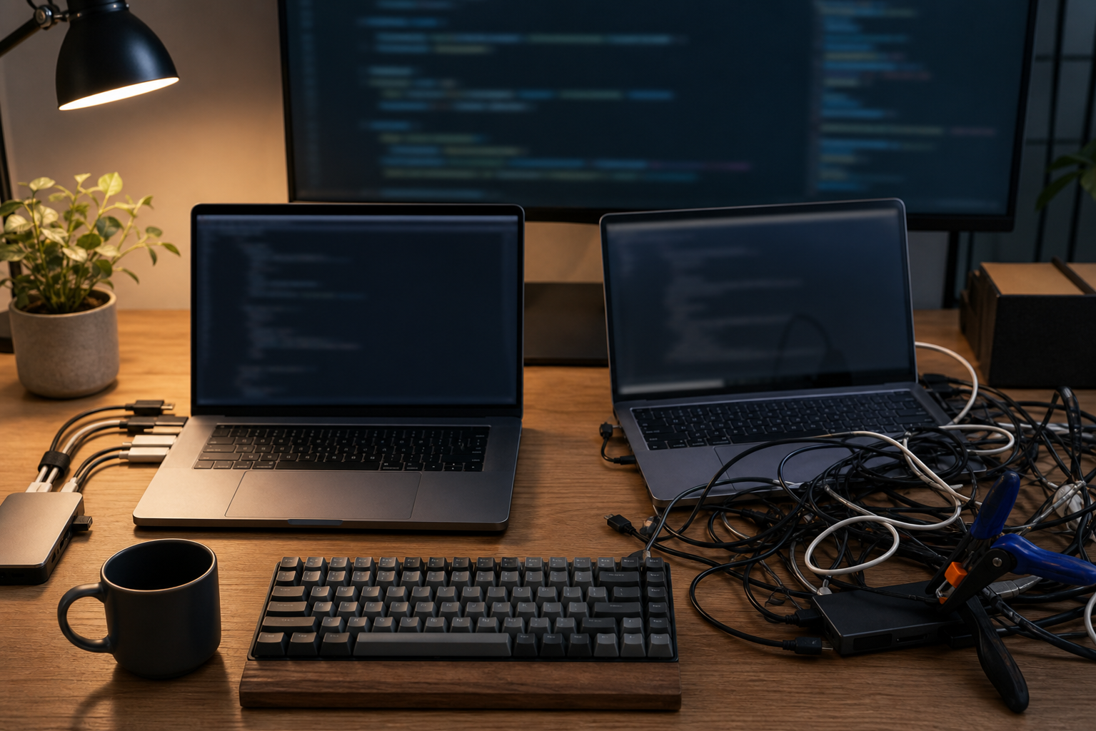 A pair of open laptop workstations on a developer desk showing a迁徙 between tools, surrounded by code-related materials, emphasizing a tool-chain transition.