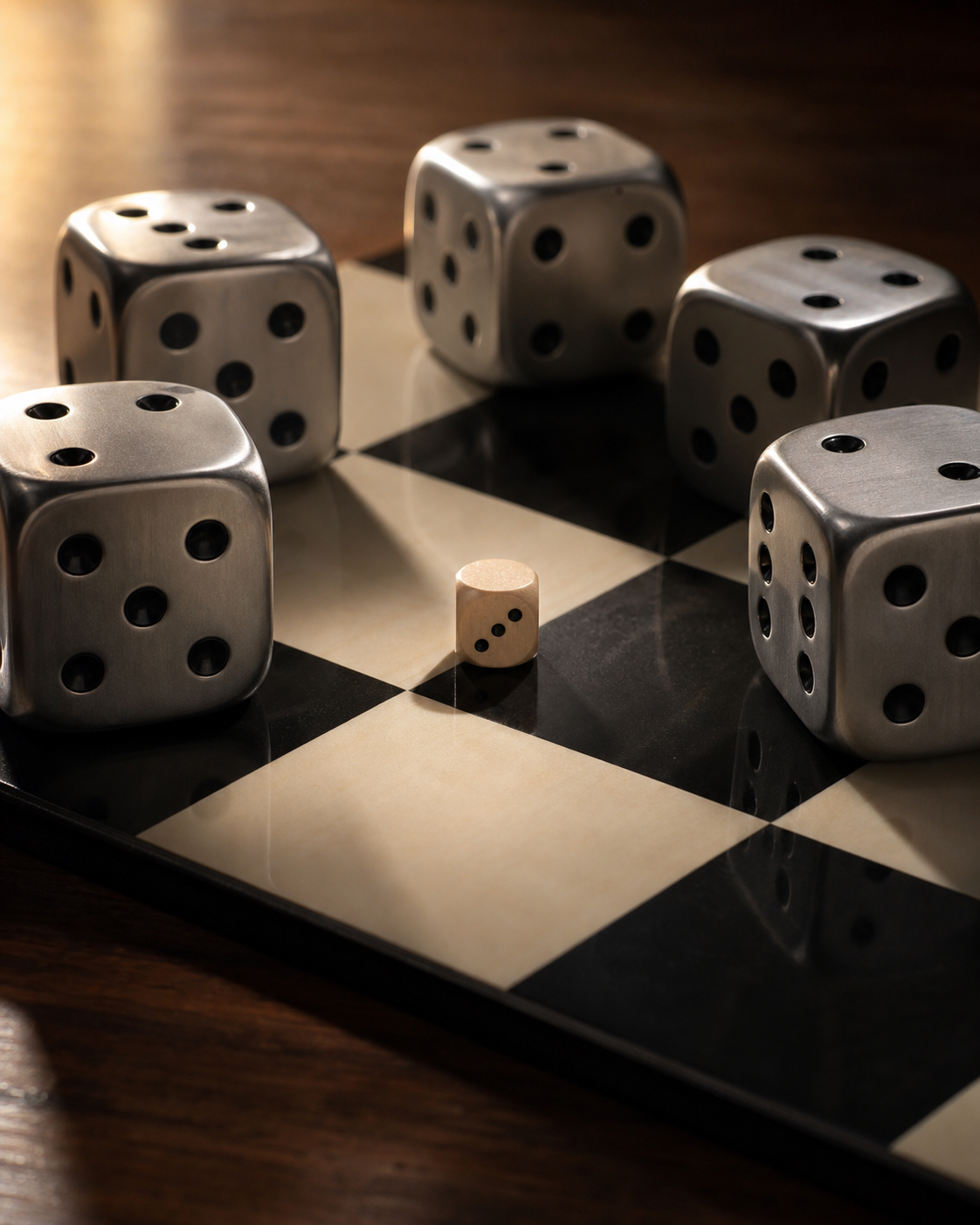 A small wooden die with Arabic numeral '3' sitting on a giant gaveled chessboard, surrounded by much larger silver dice.