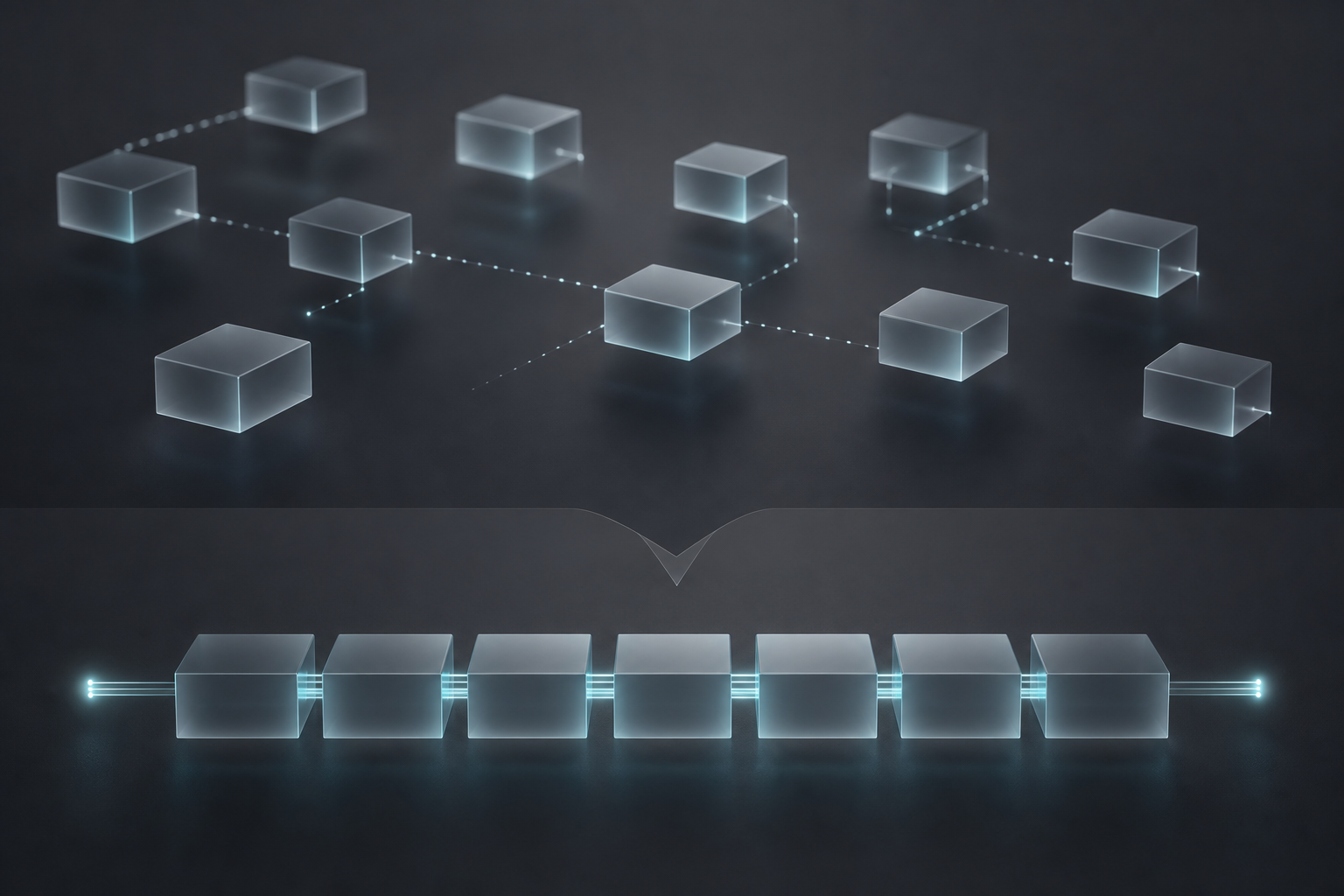 A 3D conceptual visualization of modular memory blocks connected by precise light paths.