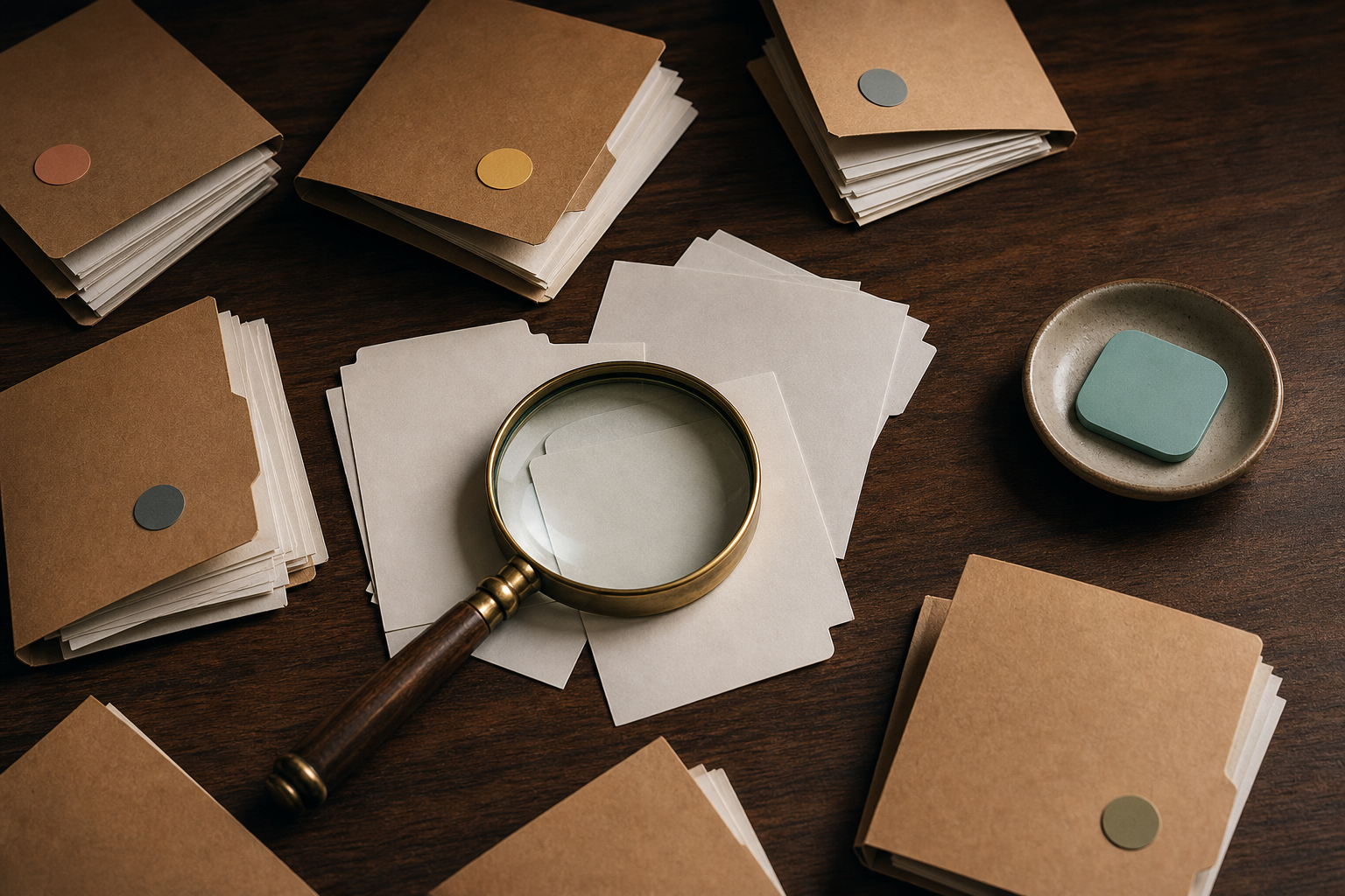 A workspace table with scattered code folders, magnifying lens, and a detached icon piece.