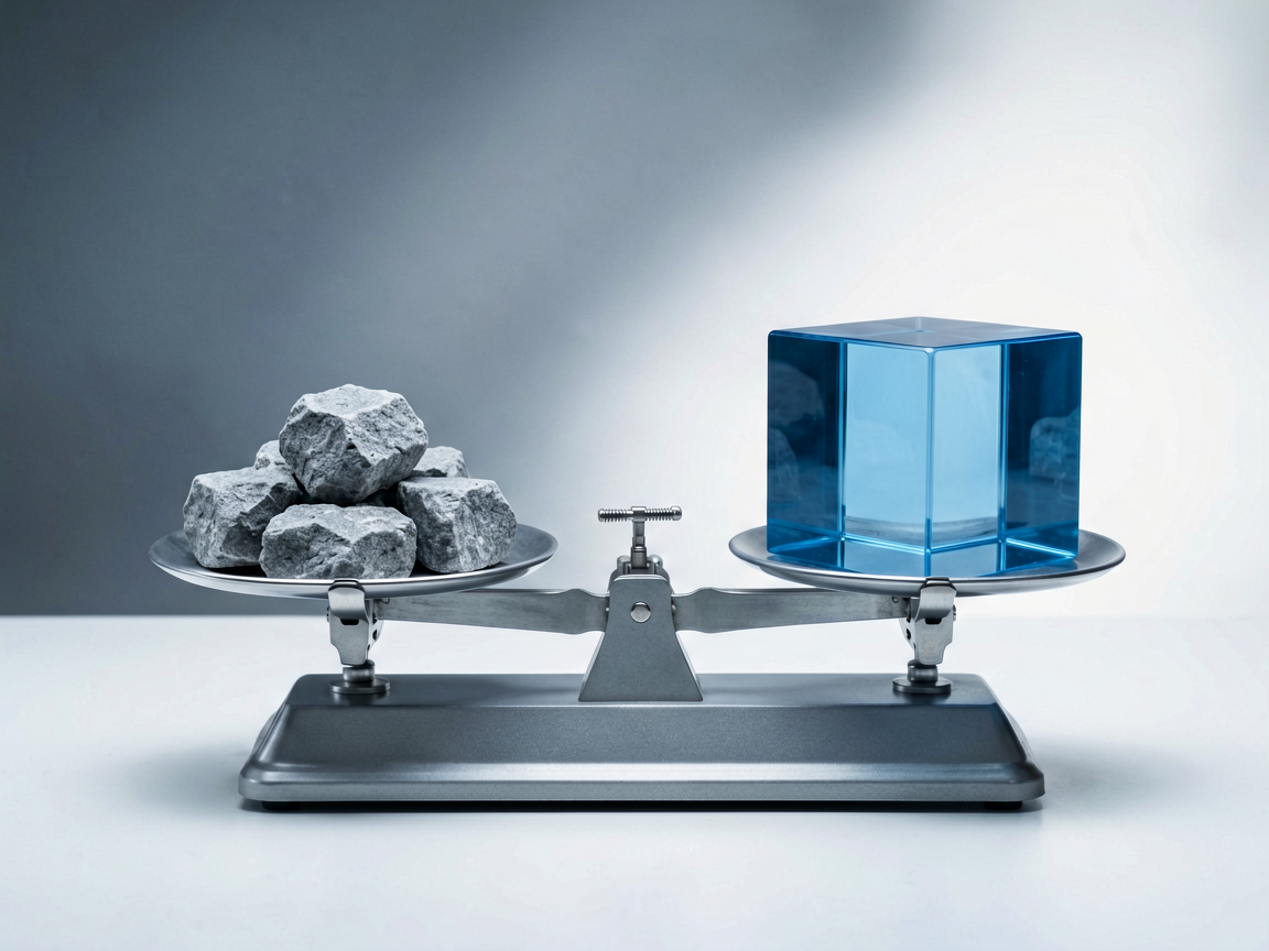 A precise editorial still life showing a balance between raw data materials and structured computational elements, symbolizing the shift from parameters to prac