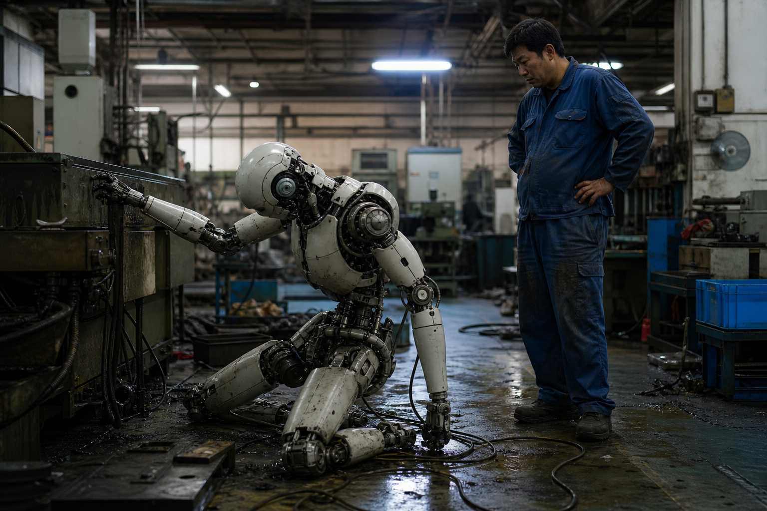 A humanoid robot stopped mid-motion on a messy factory floor, surrounded by cables and oil stains, with a worker observing in the background.