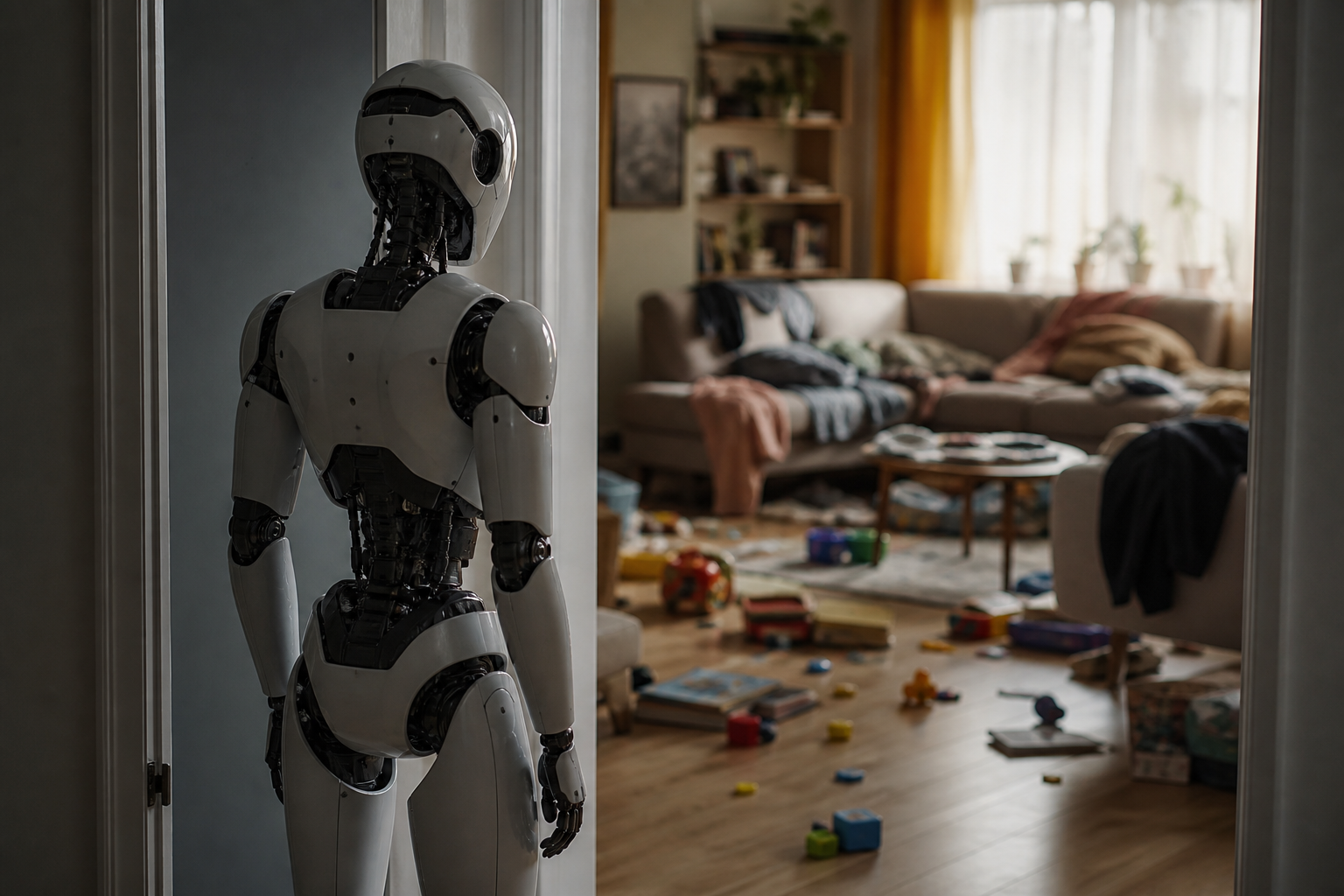 A humanoid robot standing hesitantly at the threshold of a cluttered, realistic living room.