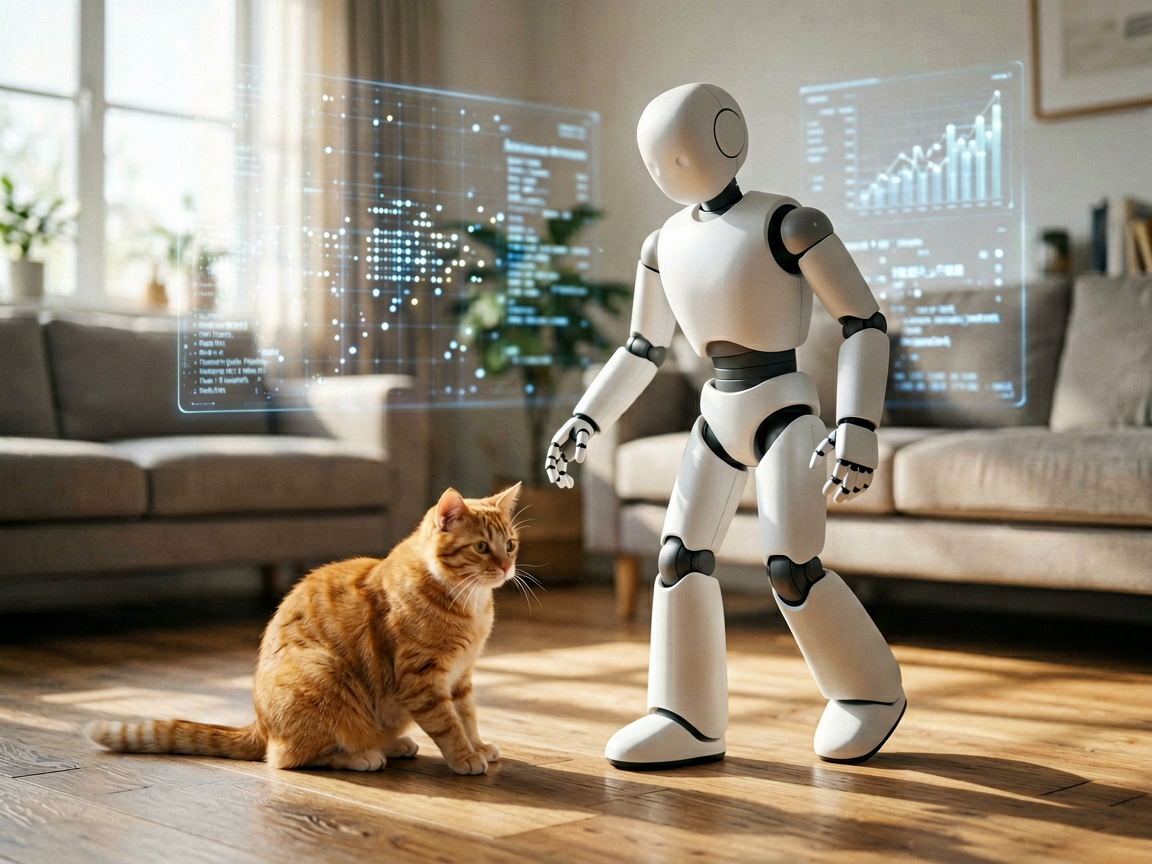 A robot in a living room navigates around a cat, representing AI's shift from abstract parameters to practical grounding.