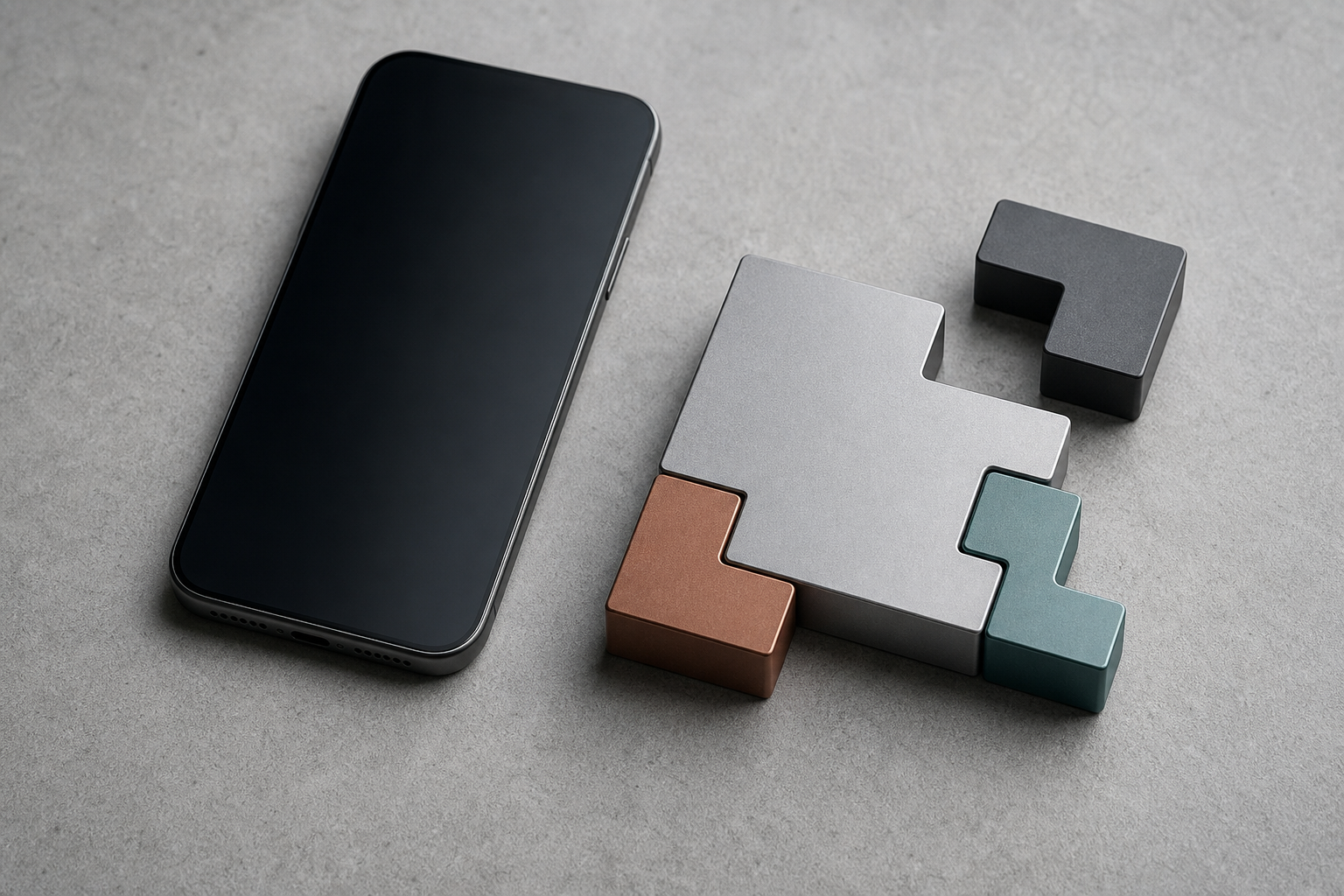 A conceptual editorial photograph of a sleek modern smartphone resting next to interlocking geometric metal blocks that represent modular AI architecture.