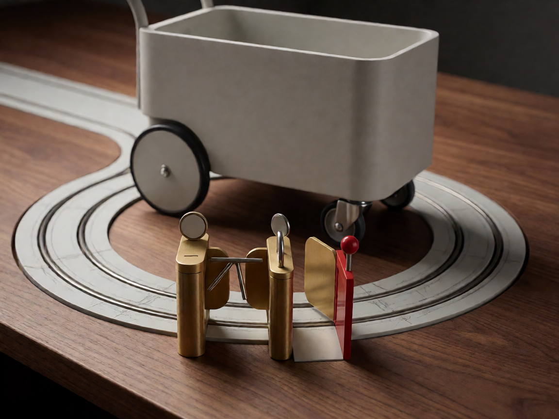 A small wheeled cart circling a miniature rail, stopped by three physical brake mechanisms: a blank gauge gate, a twin-token matching slot, and a red side-exit 