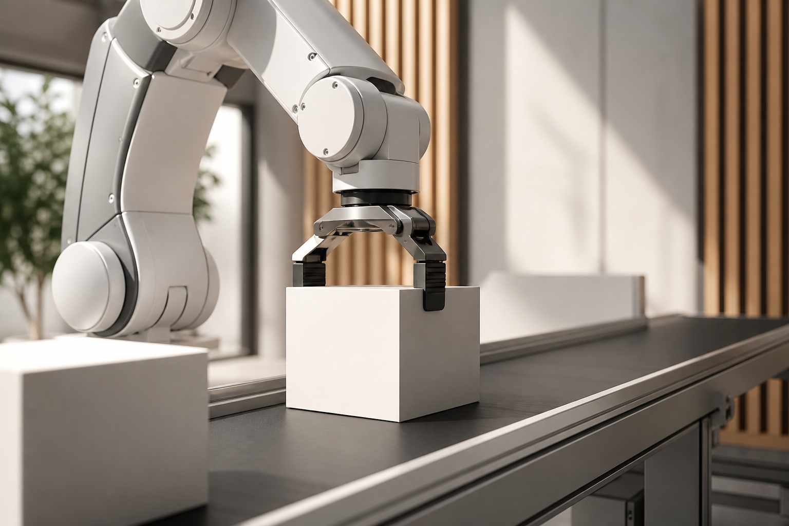 A modern robotic arm dynamically adjusting the path of a blank white package on a conveyor belt in a clean, softly lit facility.