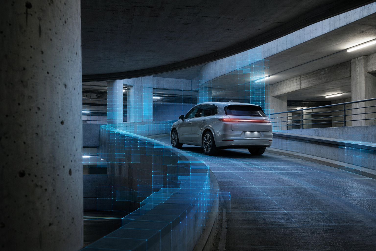 Electric SUV driving up a curved ramp in a concrete parking garage with a faint blue grid overlay representing 3D occupancy data.