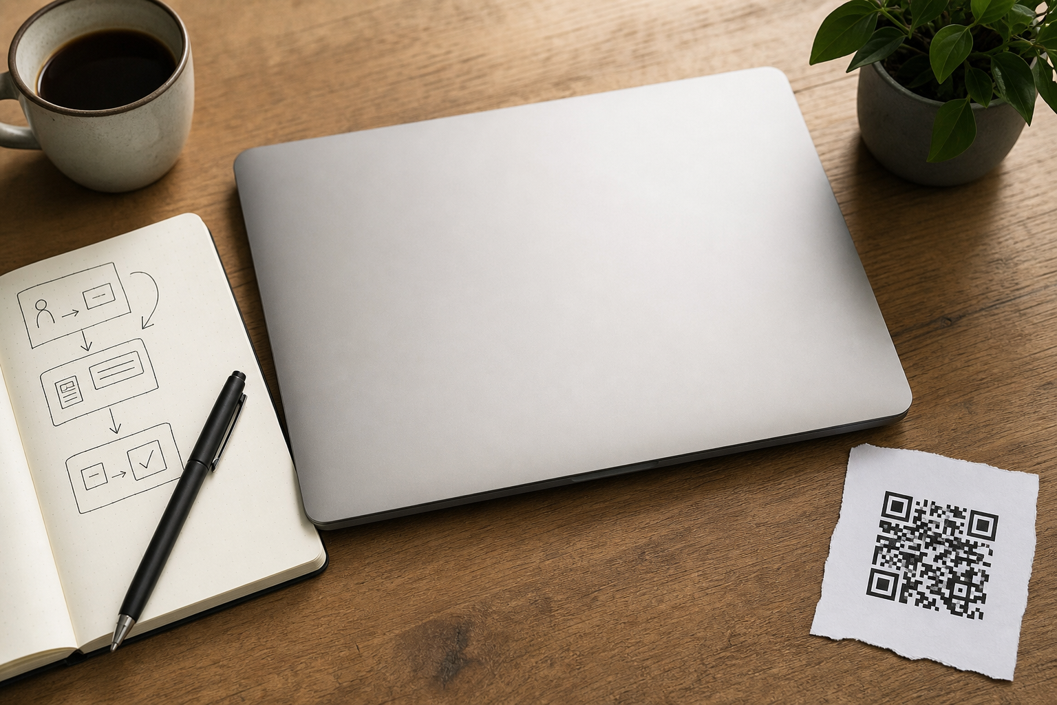 Clean desk still life with a laptop showing a blank screen, a printed QR code fragment, a small notebook with abstract workflow sketches, a pen, and a coffee cu