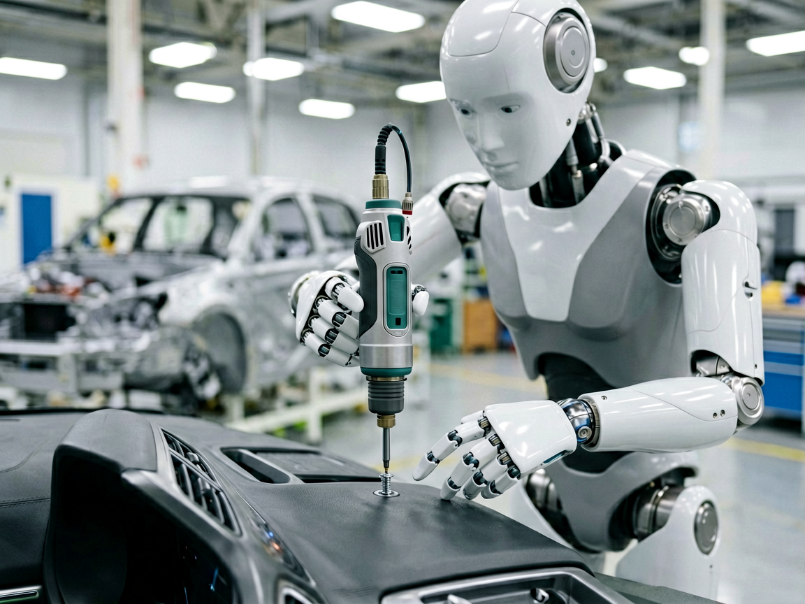A humanoid robot precisely using an industrial electric screwdriver on a car dashboard in a modern factory setting.