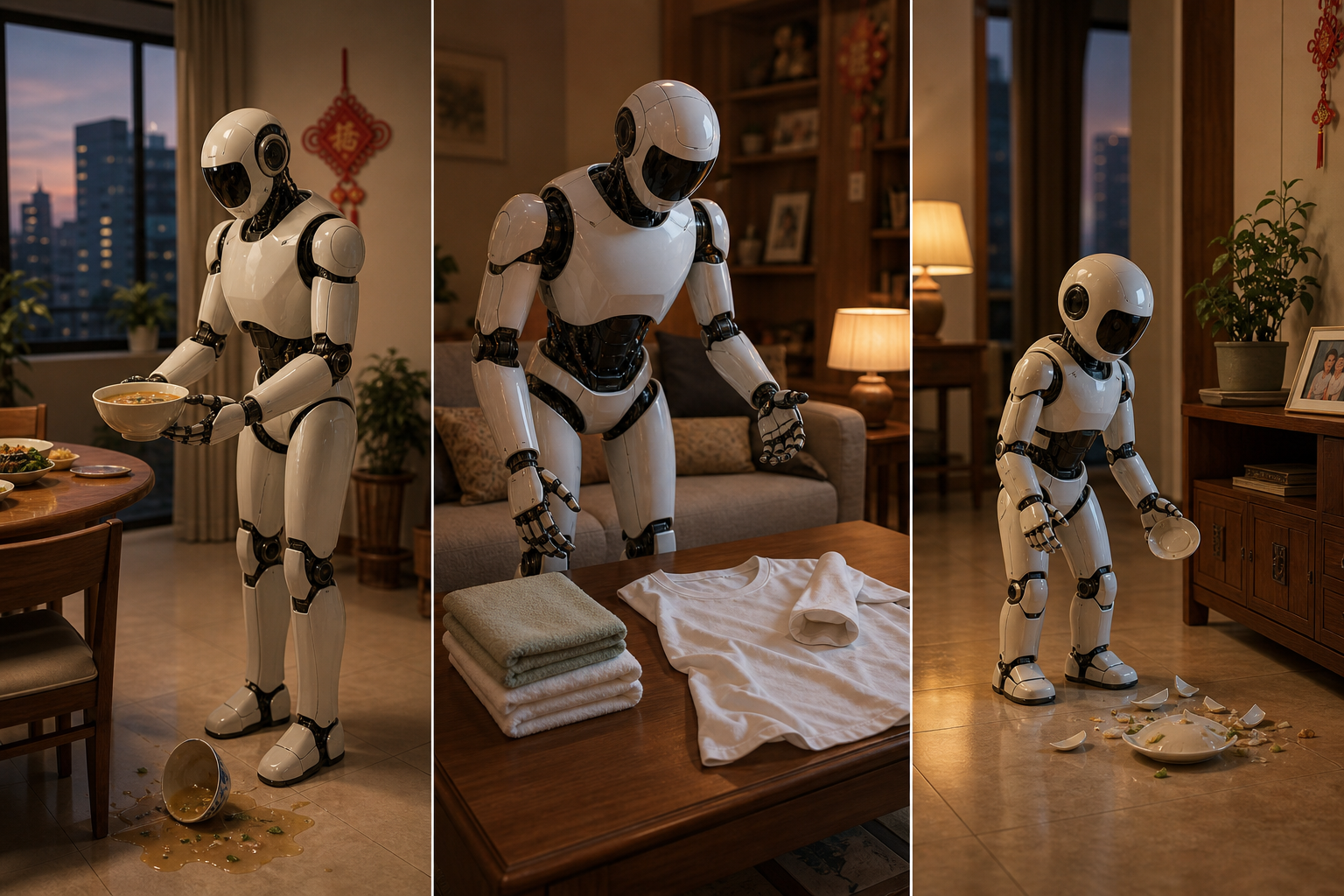 Three humanoid robots in three Chinese households, each struggling with a different domestic task