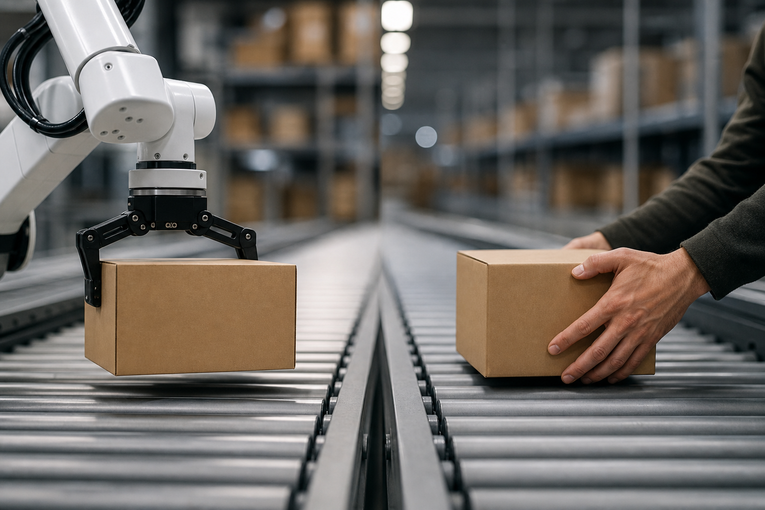 A close-up editorial shot of a robotic gripper holding a standard cardboard box next to a human hand on a blurred conveyor belt background