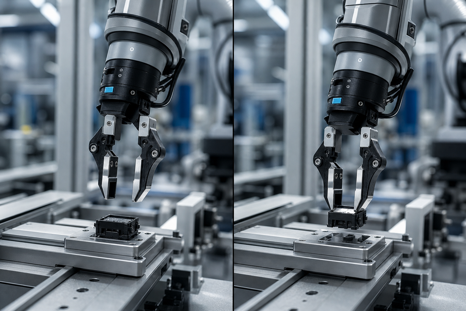 Close-up of a humanoid robot hand precisely gripping an electronic component on a modern assembly line.