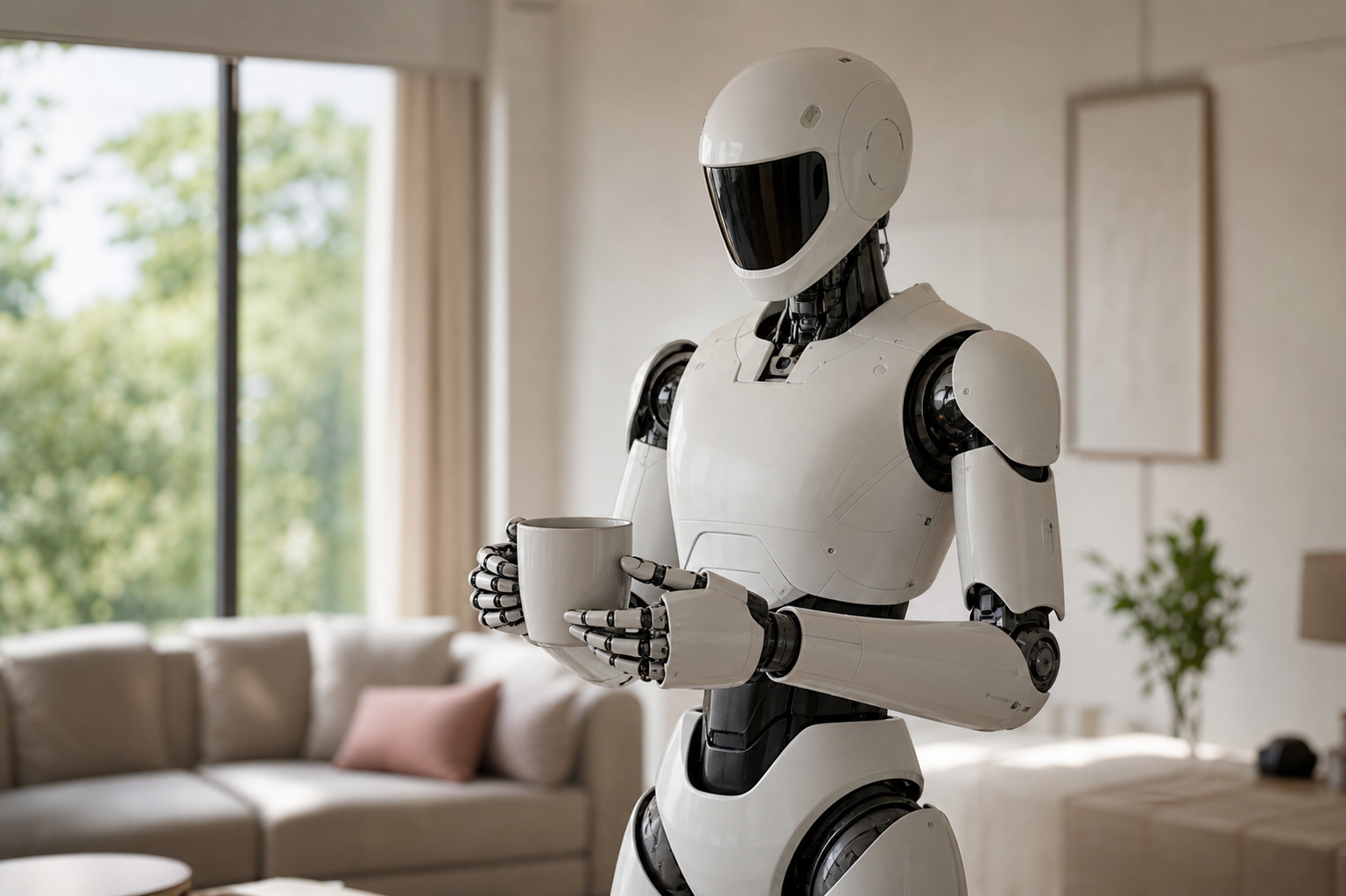A humanoid robot carefully holding a ceramic cup in a realistic home setting