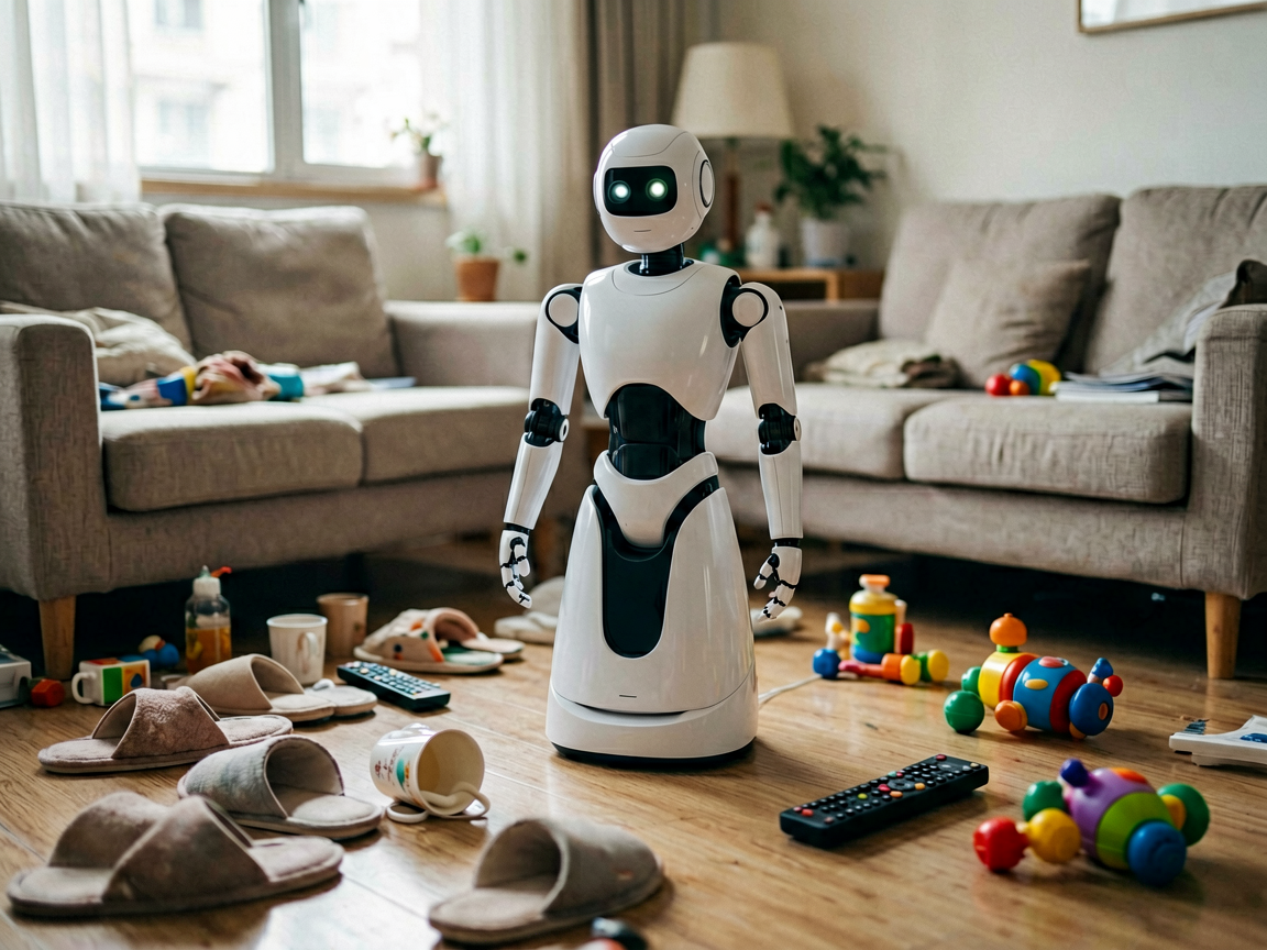 A cluttered living room floor with household items, contrasting with a sleek but stationary humanoid robot standing nearby, illustrating the difficulty of navig