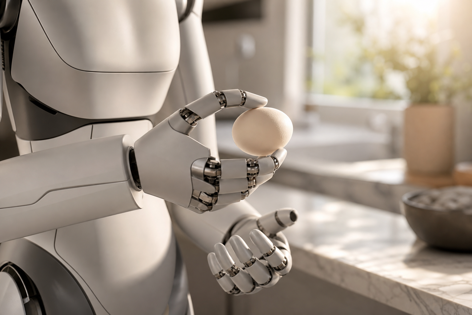 A sleek humanoid robotic hand gently holding a white egg in a sunlit modern kitchen.