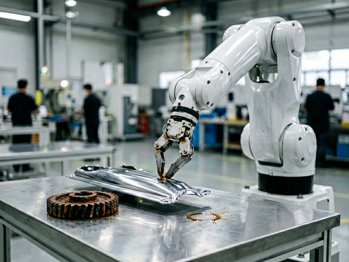 Humanoid robot inspecting a car part with a worn gear nearby on a factory workbench
