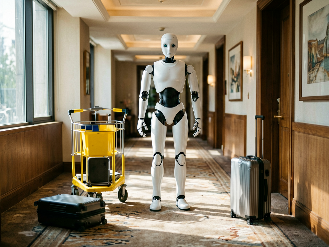 A humanoid robot struggling to navigate a cluttered hotel corridor