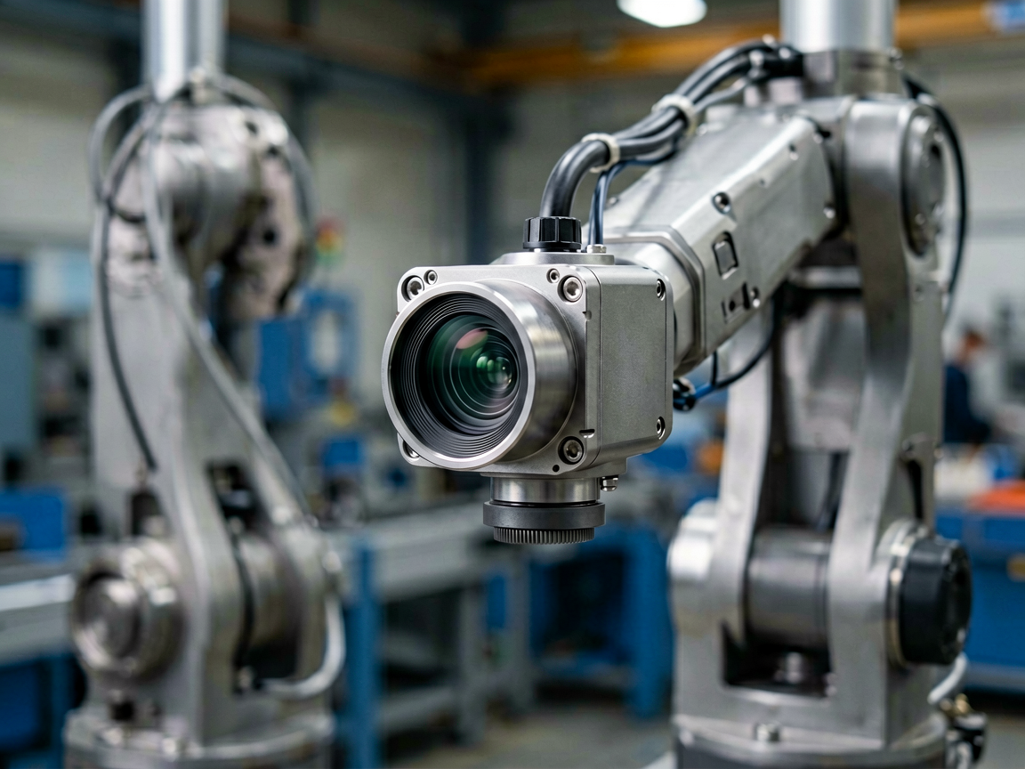 A close-up of an industrial sensor on a production line with blurred background elements suggesting complexity and data fragmentation.