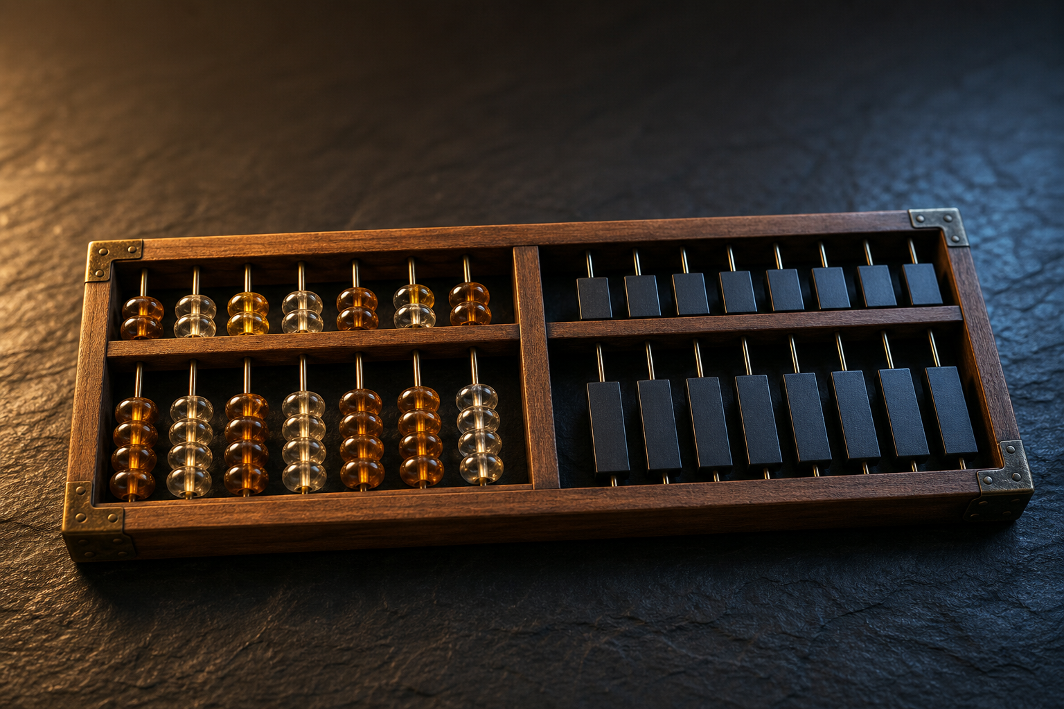 An abacus with glass beads on one side and black GPU-like chips on the other, photographed as an editorial still life under moody lighting.