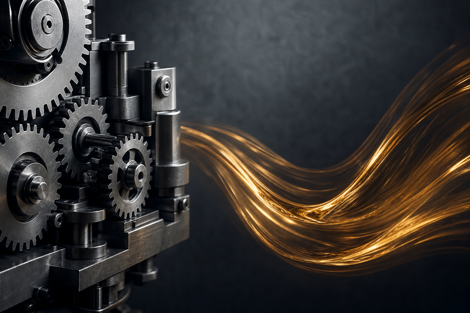 A split composition showing a rigid mechanical gear system on one side and a fluid, organic light form on the other, representing the transition from fixed work