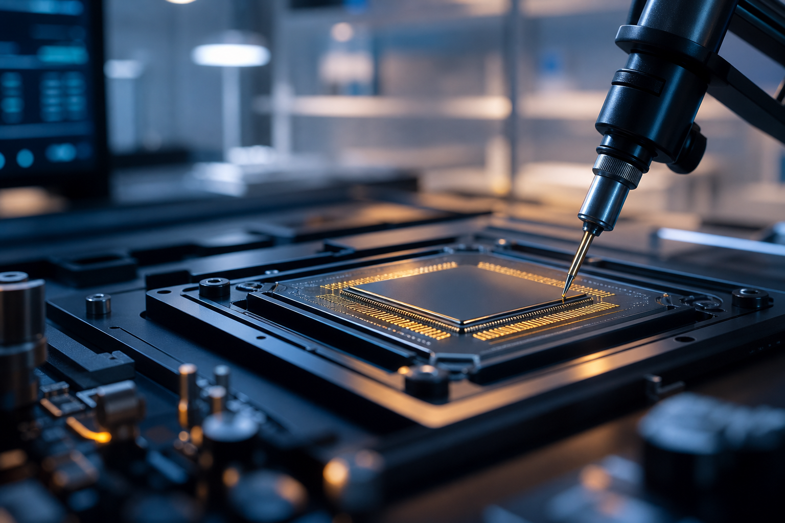 A futuristic AI chip being calibrated with a precision tool on a technical workbench.