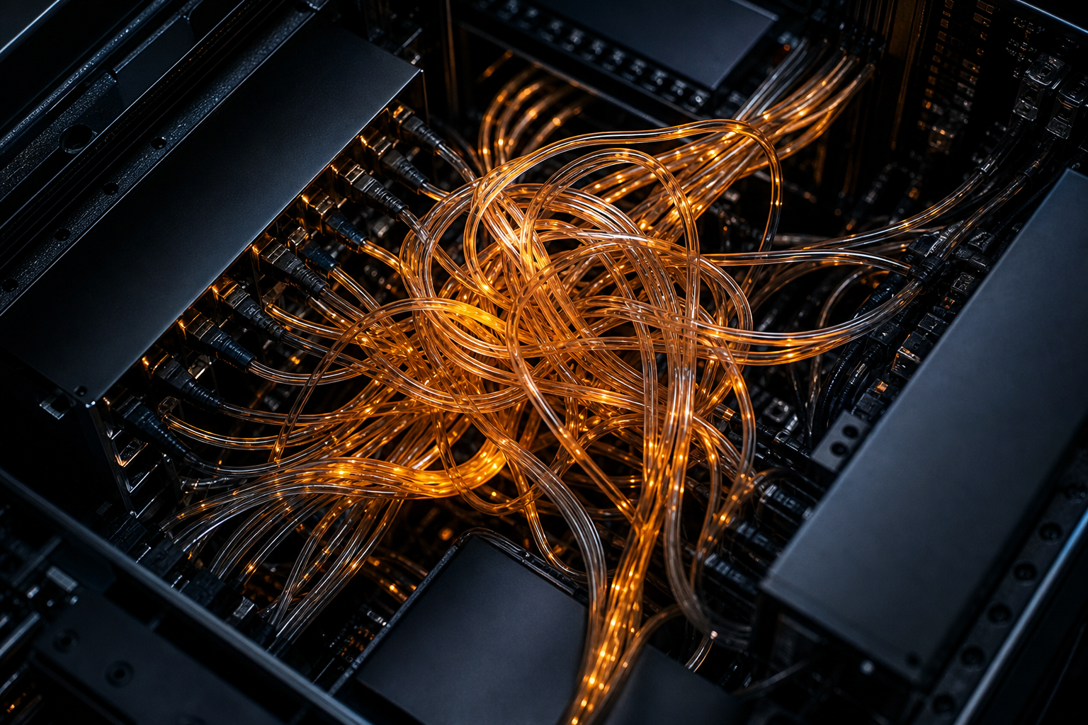 Abstract visualization of server rack heat and data flow bottlenecks