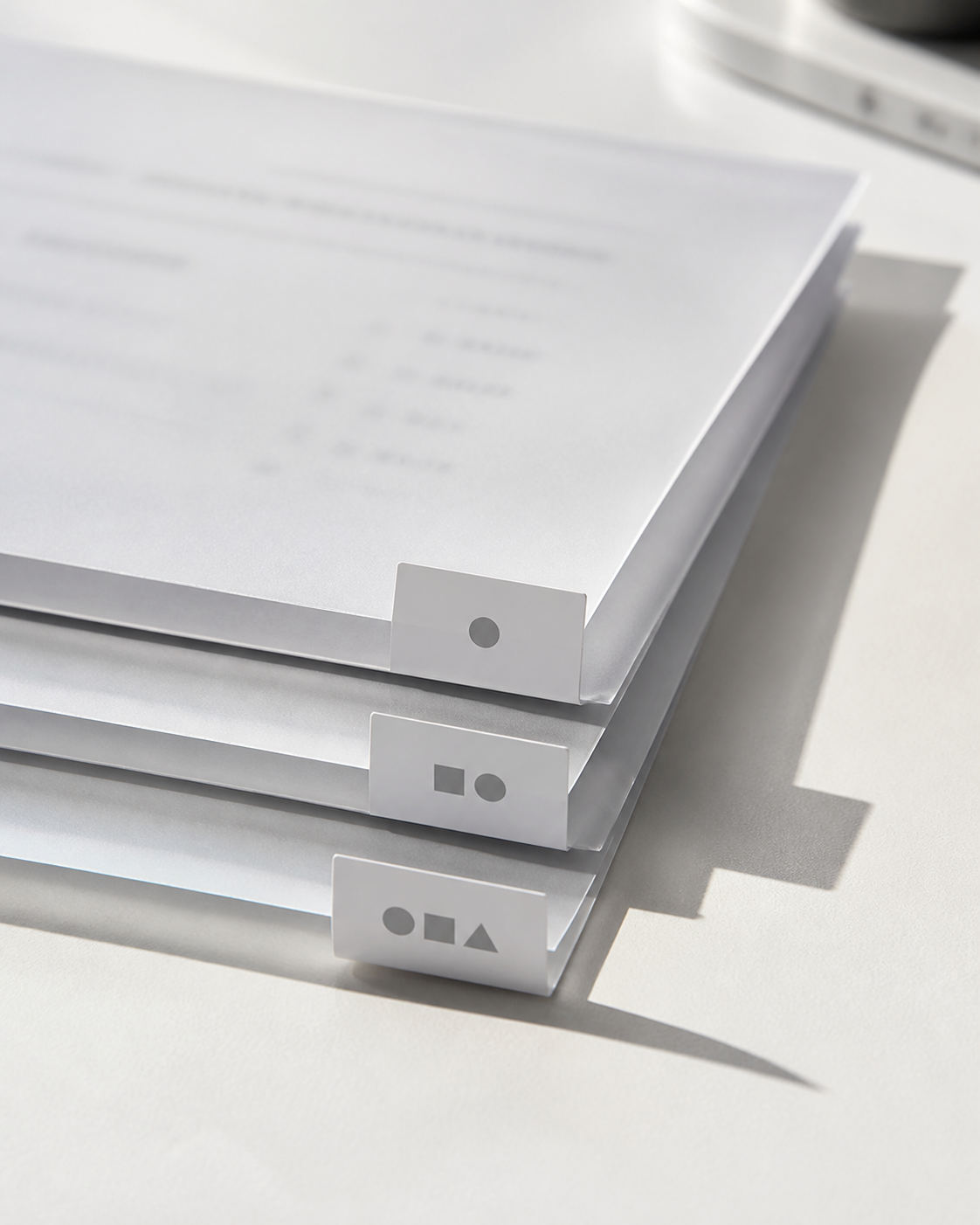 A stack of translucent document layers with blurred text, separated by clear vertical dividers representing metadata filters.