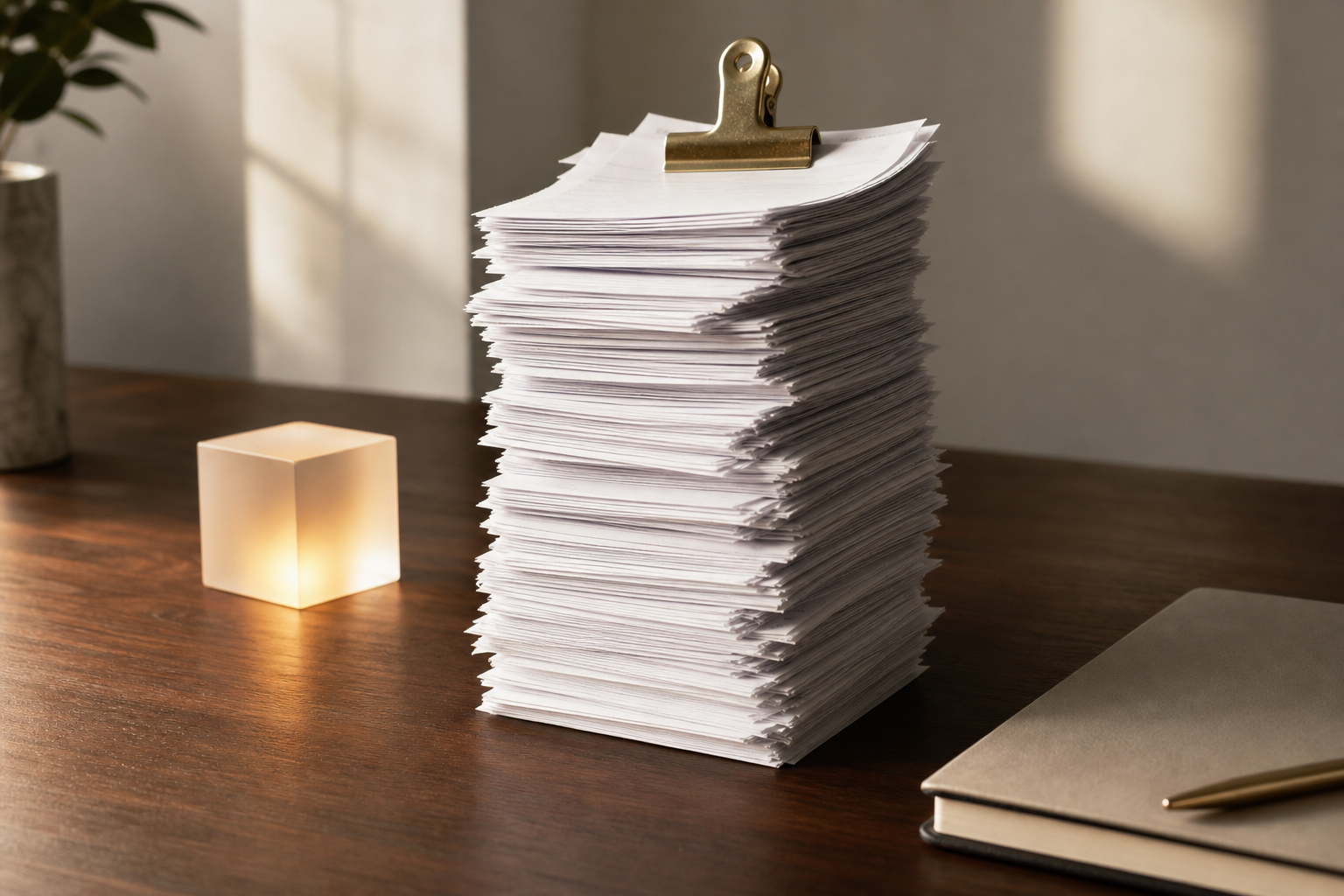 Editorial still life of stacked blank receipts balanced against a single glowing open-source model weight, symbolizing total cost accounting across Mistral, Lla
