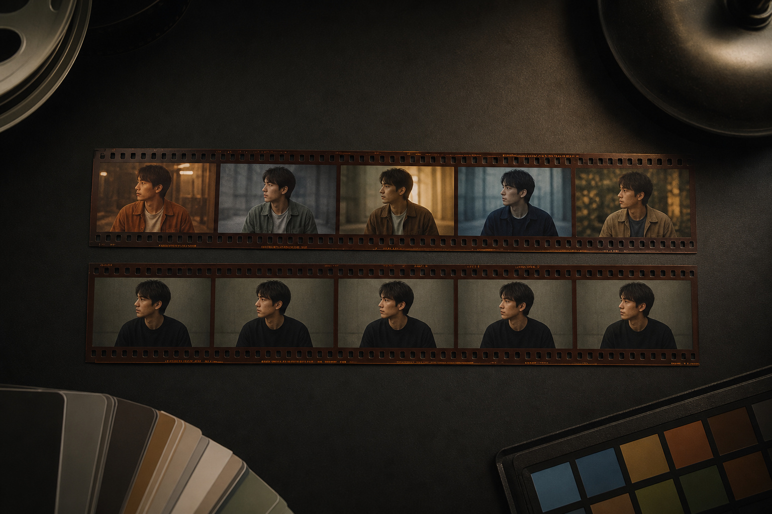 Two adjacent film strips on a dark studio desk, one with a single drifting portrait, the other with a stable character across multiple frames.