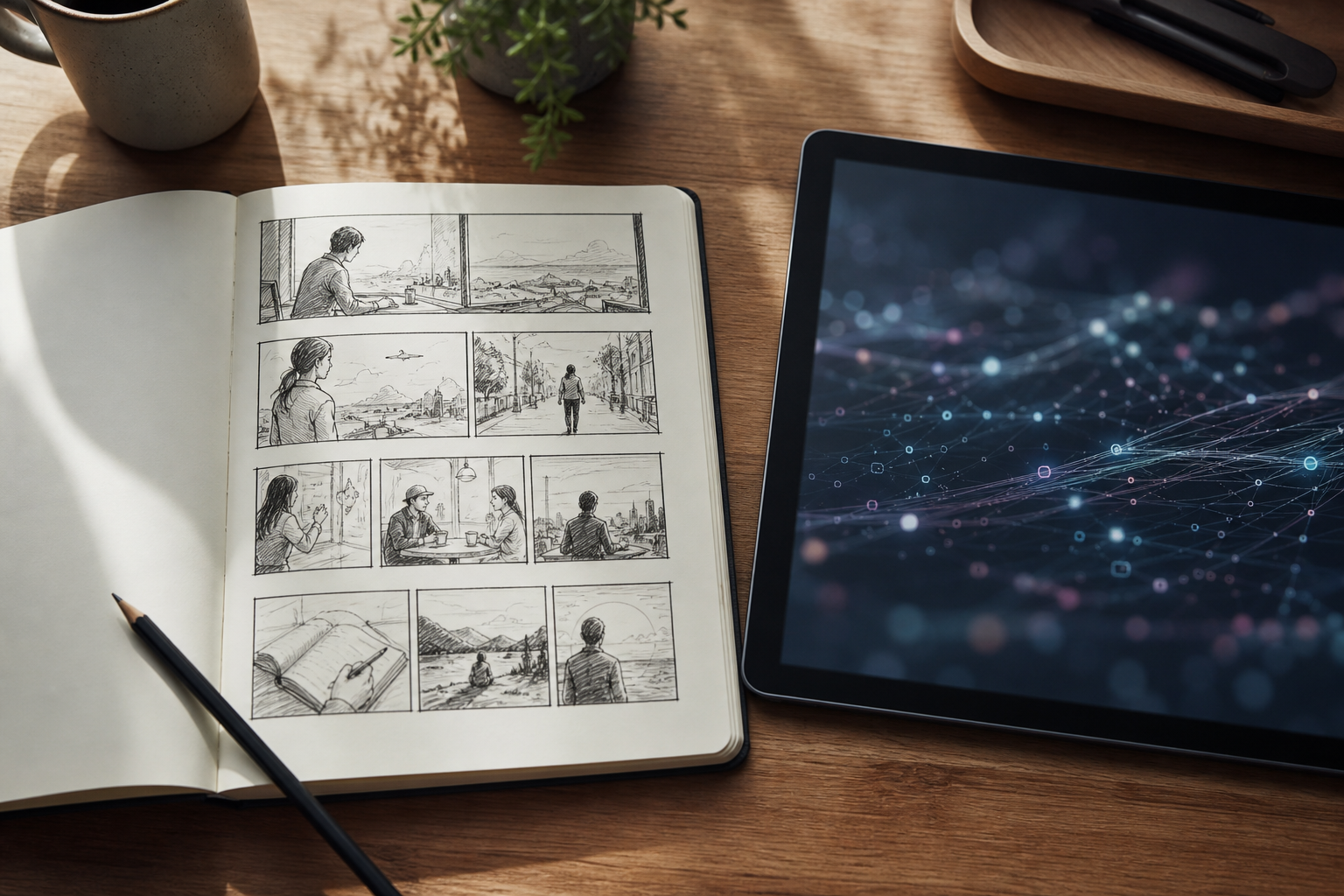 A stylized desk setup showing a split workflow between digital tools and physical creative control