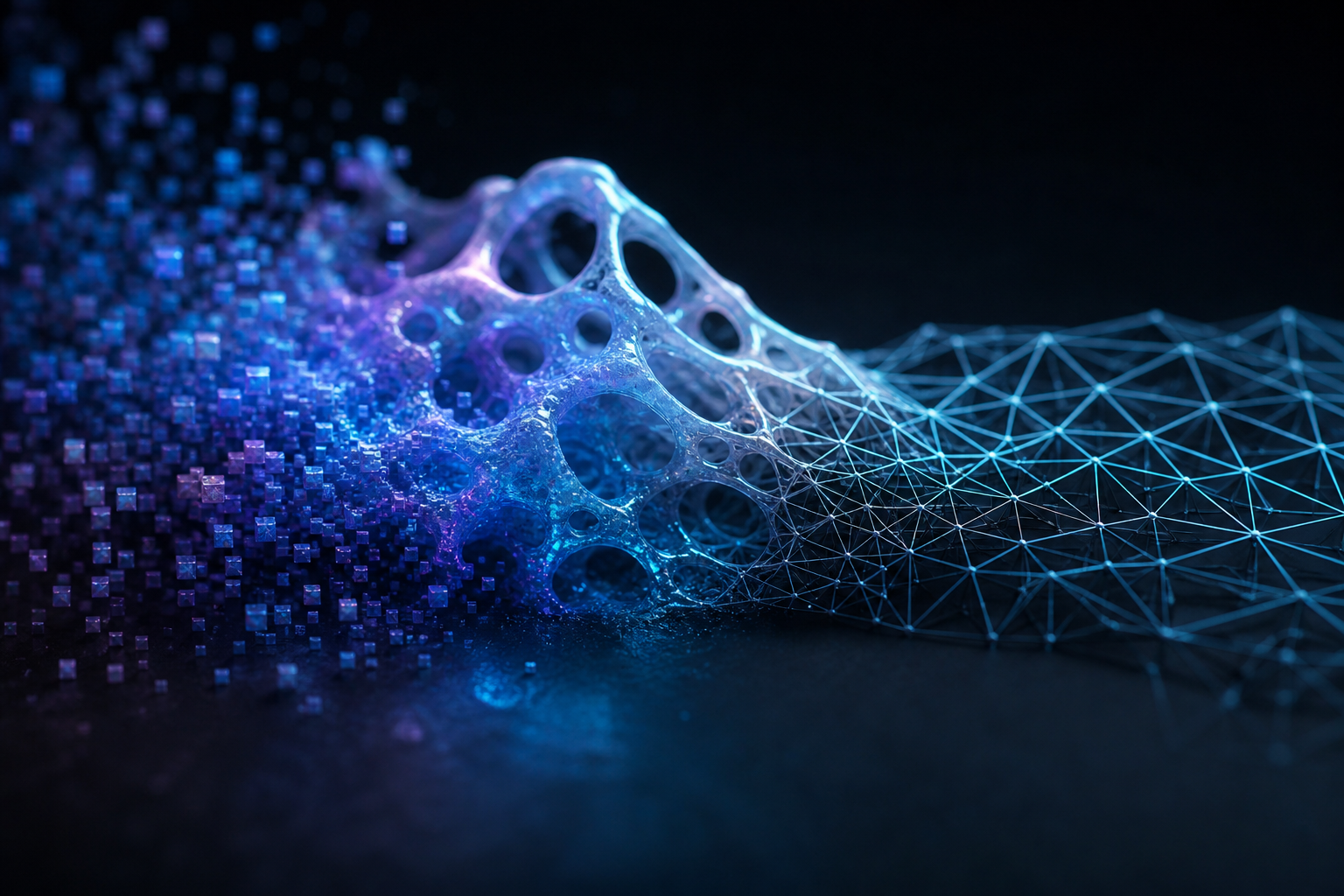A glowing, AI-generated 3D model mesh flows from a luminous cloud into a dark, precise Unreal Engine wireframe grid, symbolizing the integration of generative A