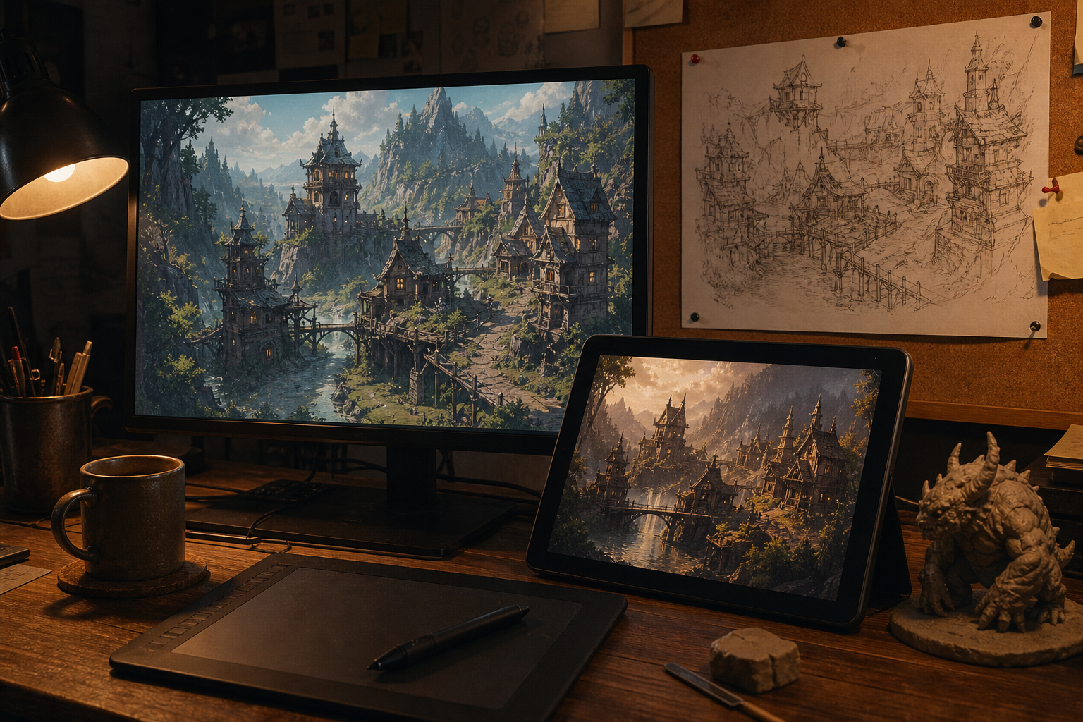 A game artist's desk with a monitor showing a moody fantasy village concept, a tablet displaying a video-style preview frame, and a printed level-design sketch 