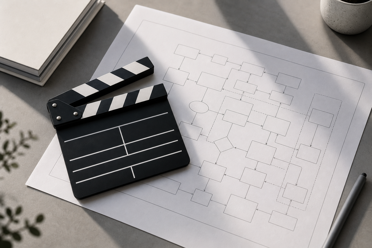 A stylized editorial still life showing a film clapperboard resting on a blueprint or flowchart, symbolizing the transition from raw generation to controlled pr