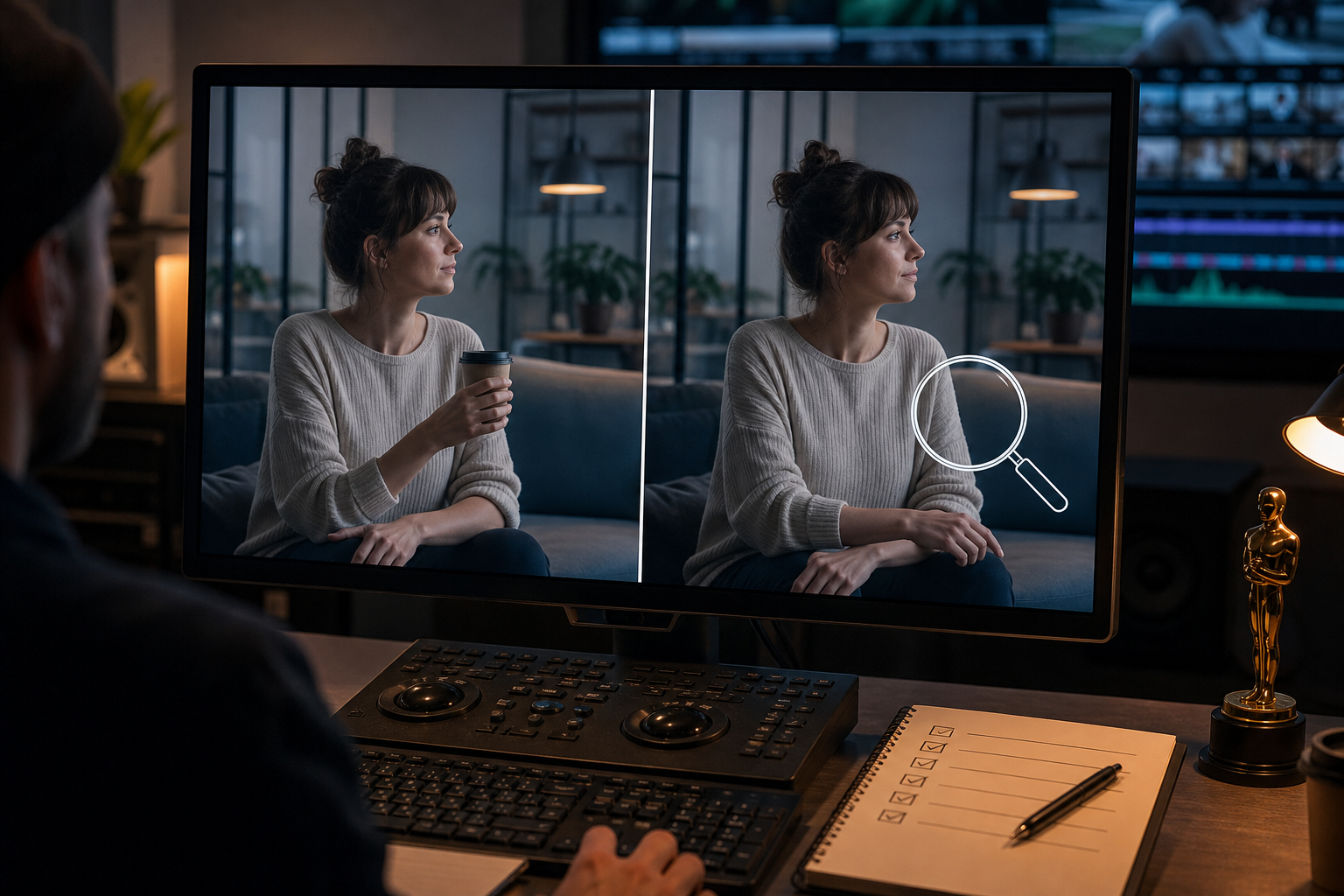 A split-screen comparison showing a seamless AI-generated video frame on the left and the same frame with a visual continuity error on the right, highlighting t