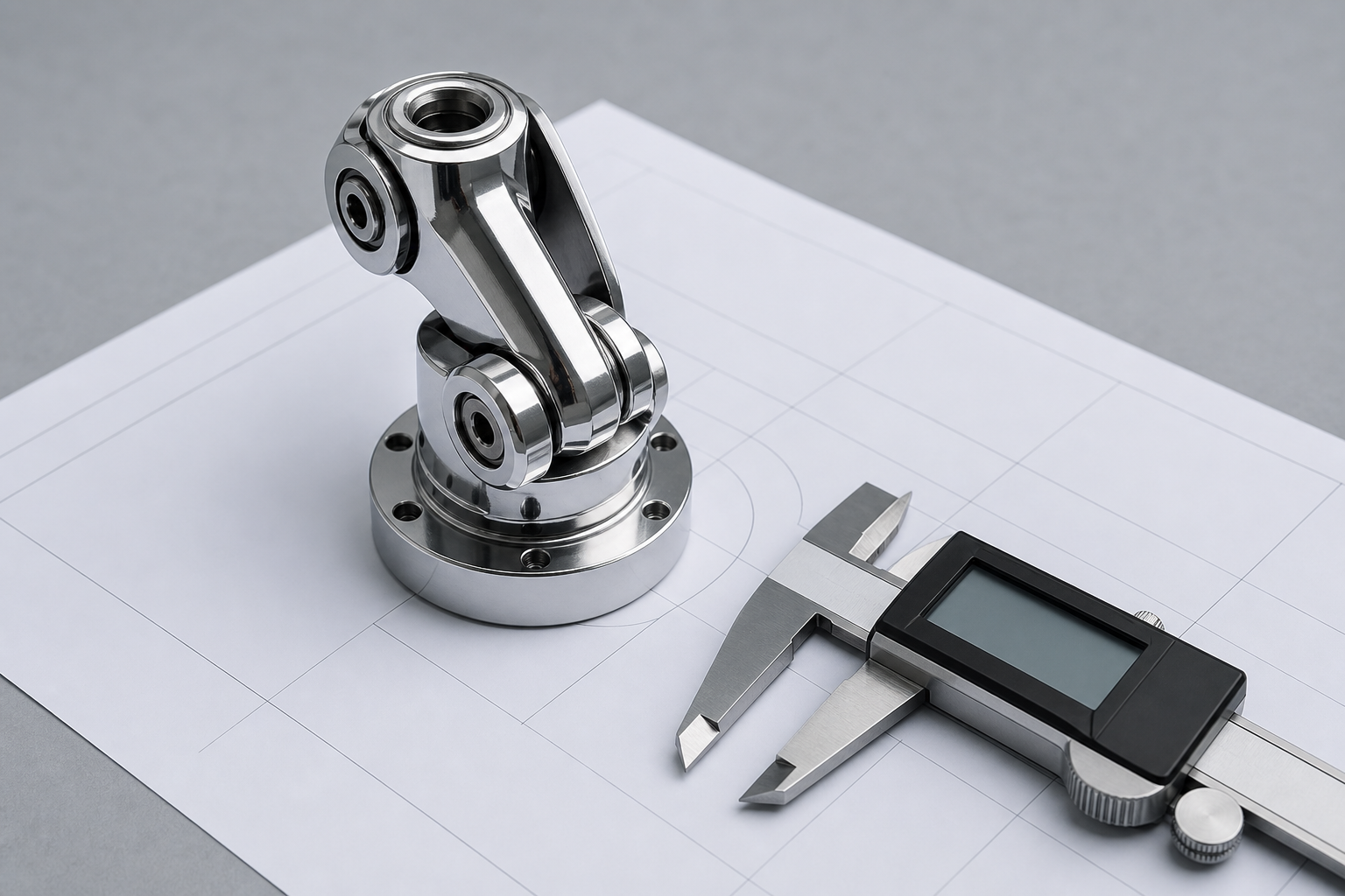 A precision robotic component on a technical blueprint with a measuring tool.