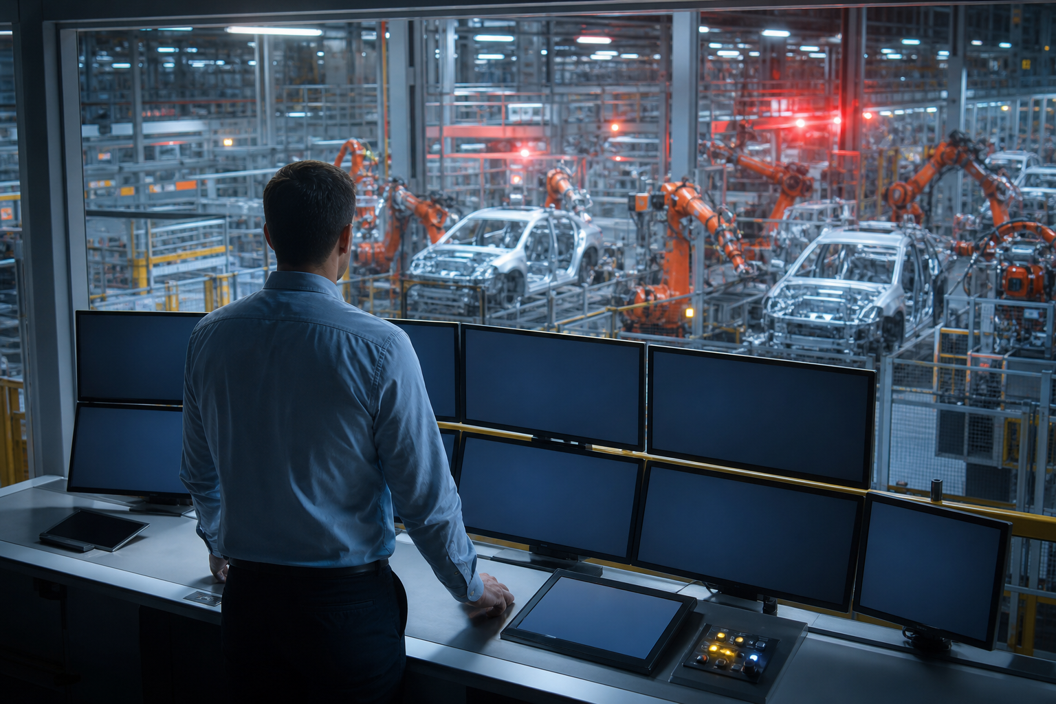 Human dispatcher in a factory control room with AI systems during a supply disruption.
