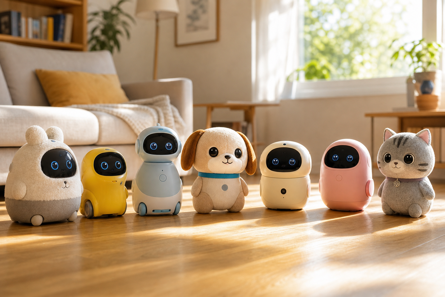 Seven diverse, colorful AI robot toys neatly arranged on a warm wooden floor, illuminated by bright summer window light.