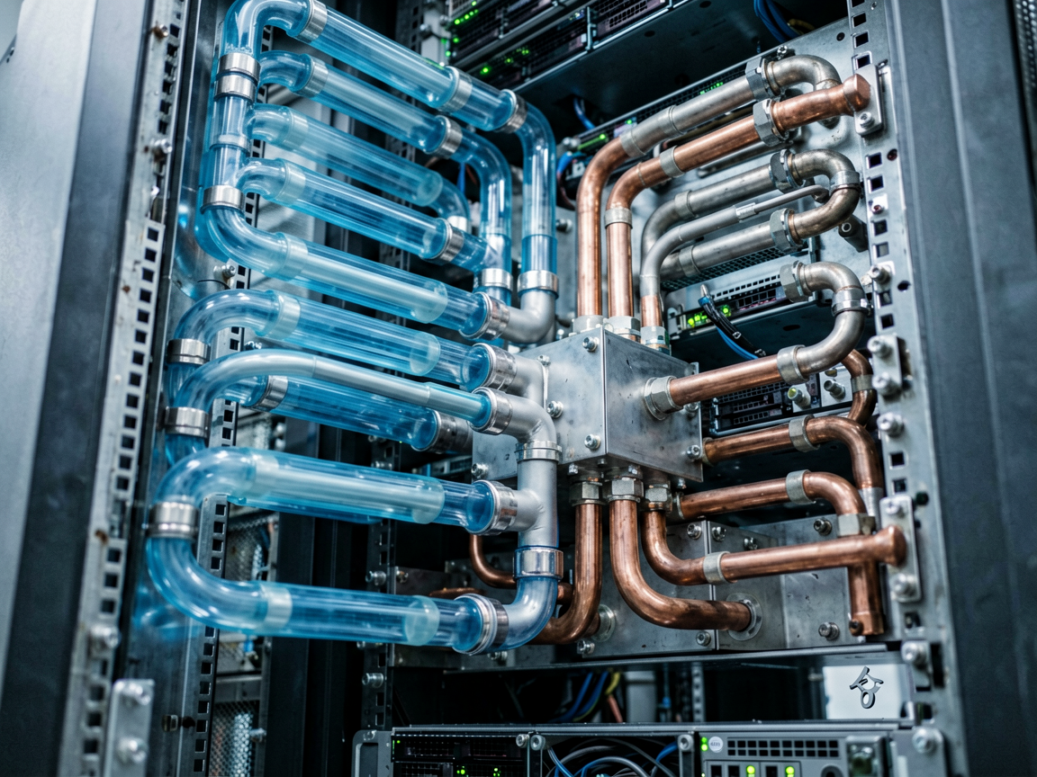 Close-up of intricate liquid cooling pipes in a modern data center