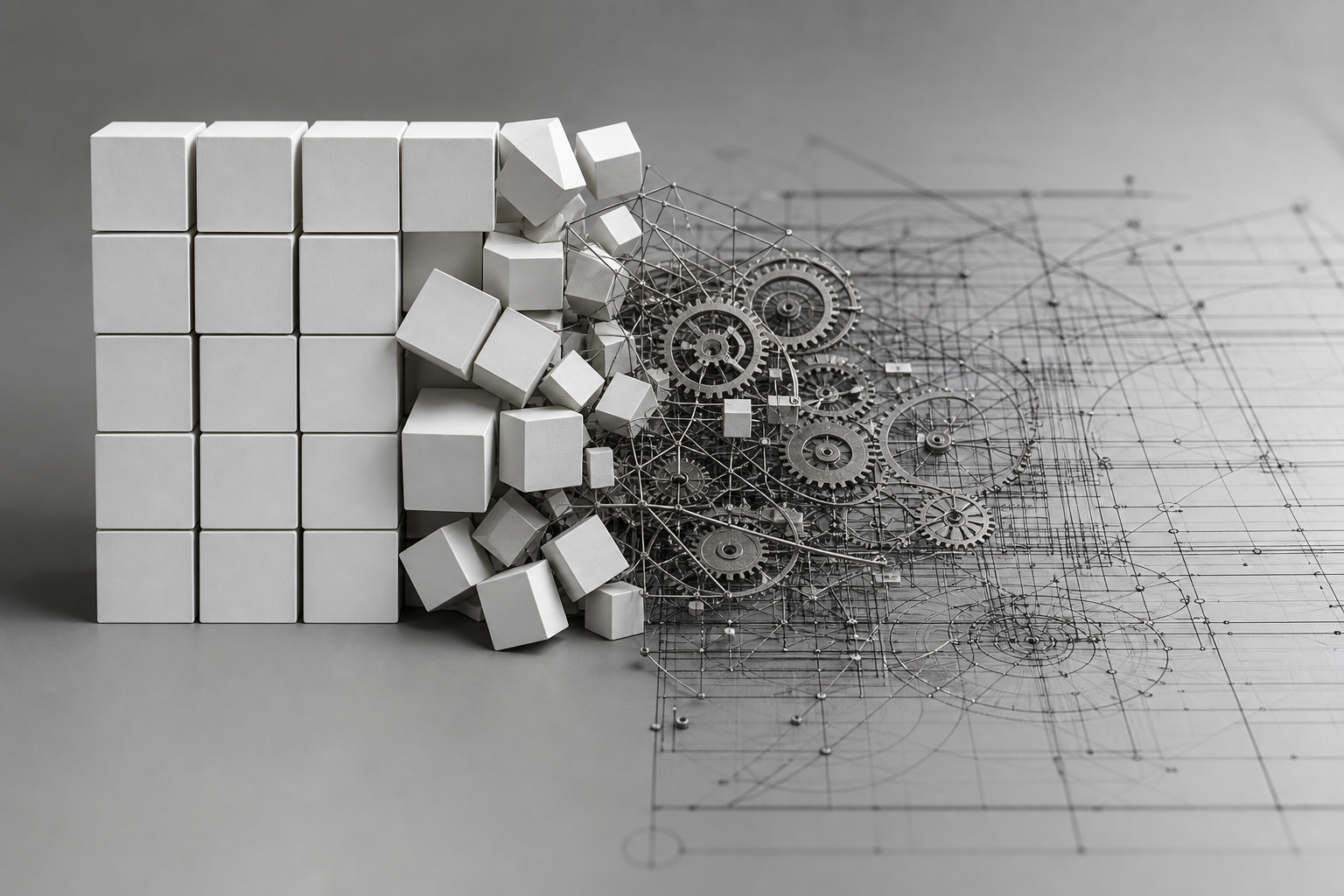 A minimalist architectural model showing a transition from simple blocks to a complex, interconnected structure