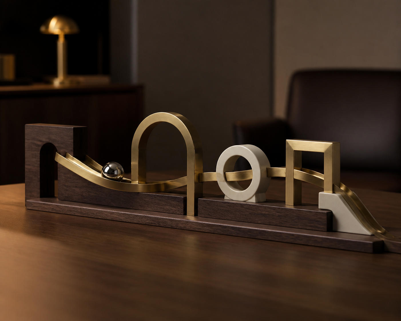 An elegant minimalist kinetic track sculpture representing a connected workflow.