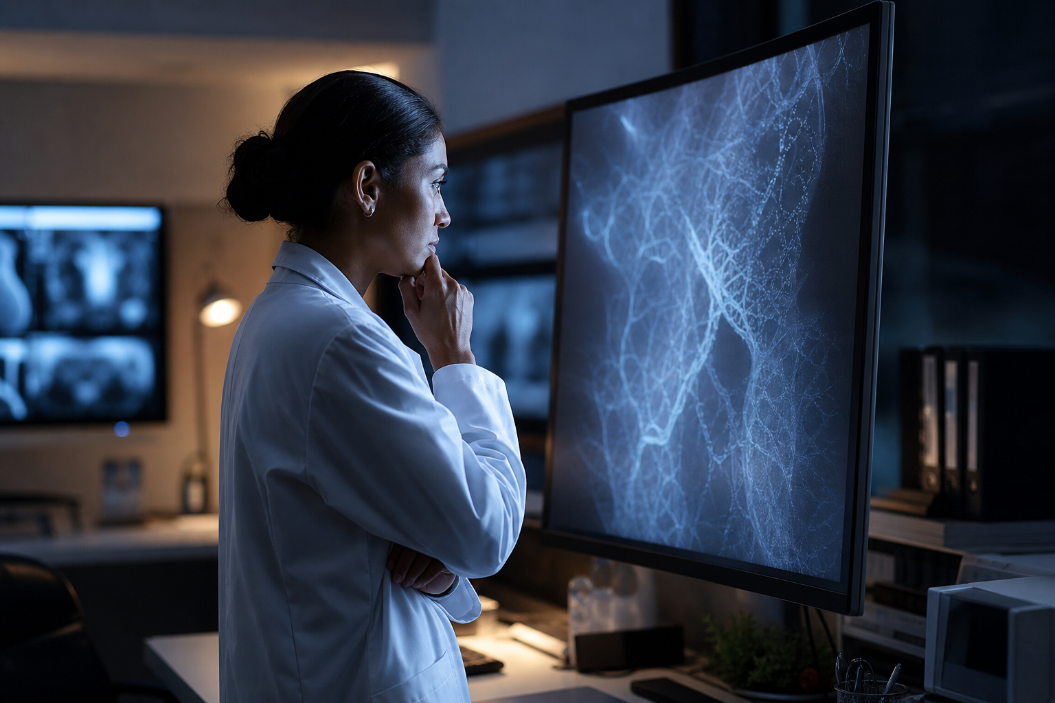 A radiologist reviewing medical imaging on a monitor in a modern hospital setting
