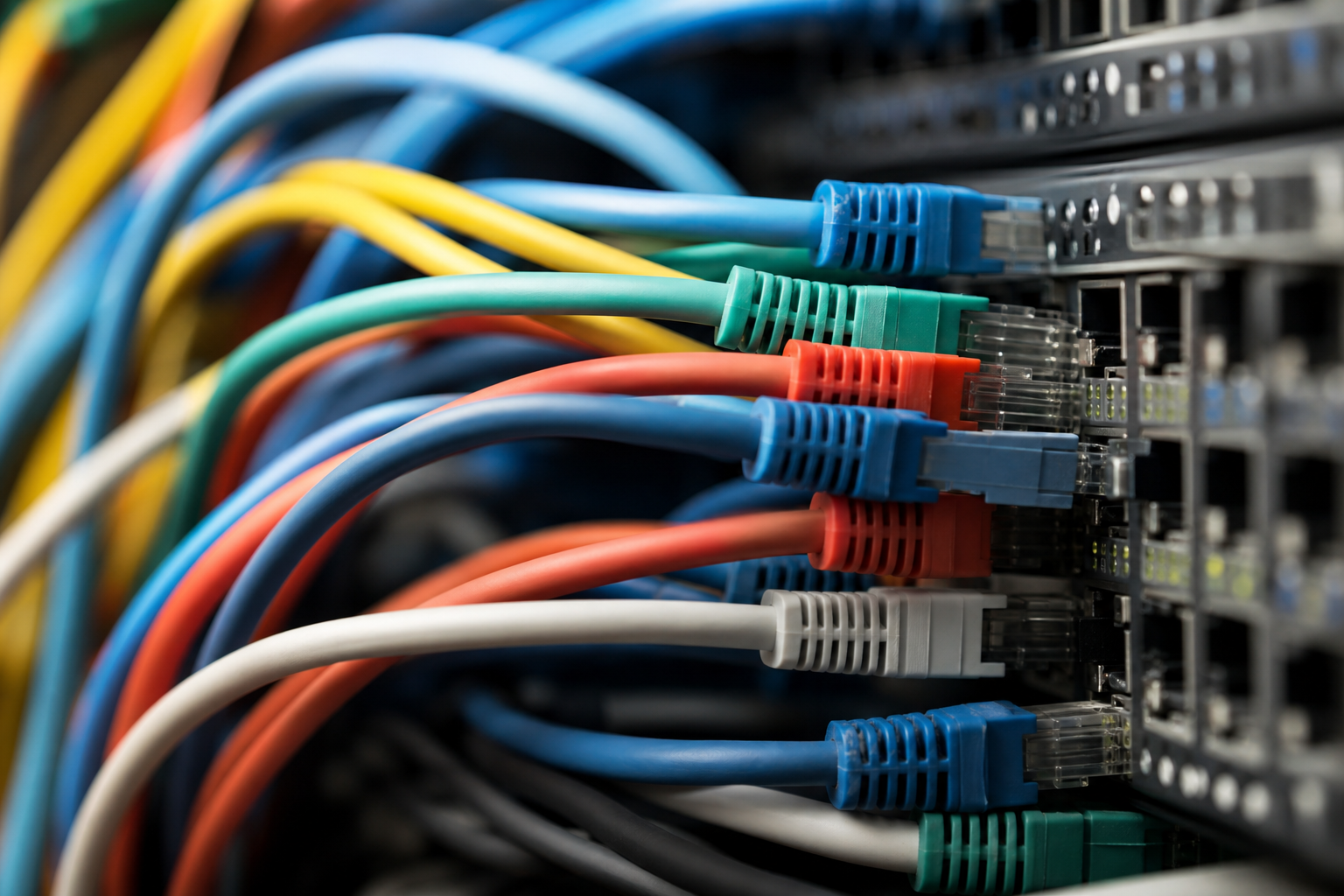 A detailed view of complex server cabling and data infrastructure representing backend integration challenges