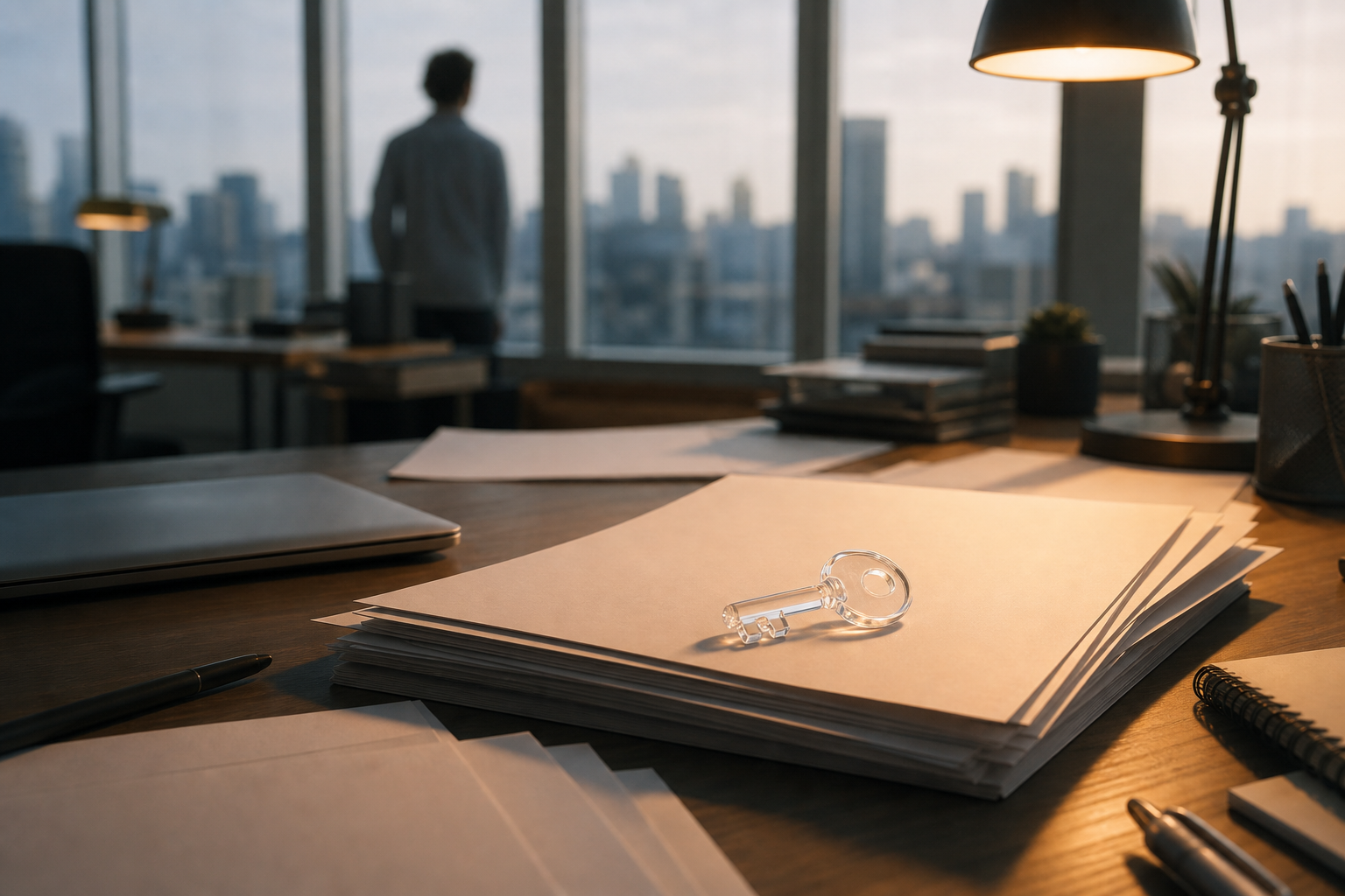 Office desk with documents and a symbolic glass key representing AI data access and control.