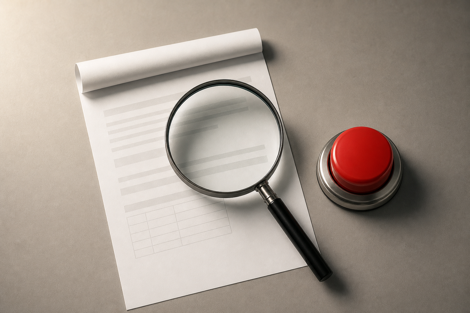 A stack of business documents with a magnifying glass and a red stop button, symbolizing AI review and human override.