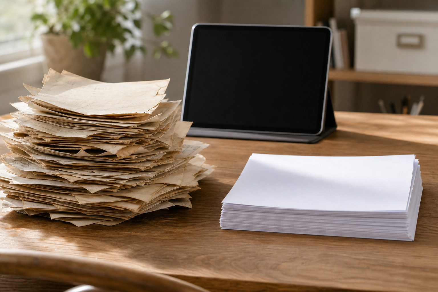 Two piles of papers on a desk: a large messy stack being sorted into a smaller neat stack, representing FAQ cleanup from 3400 to 2600 items.