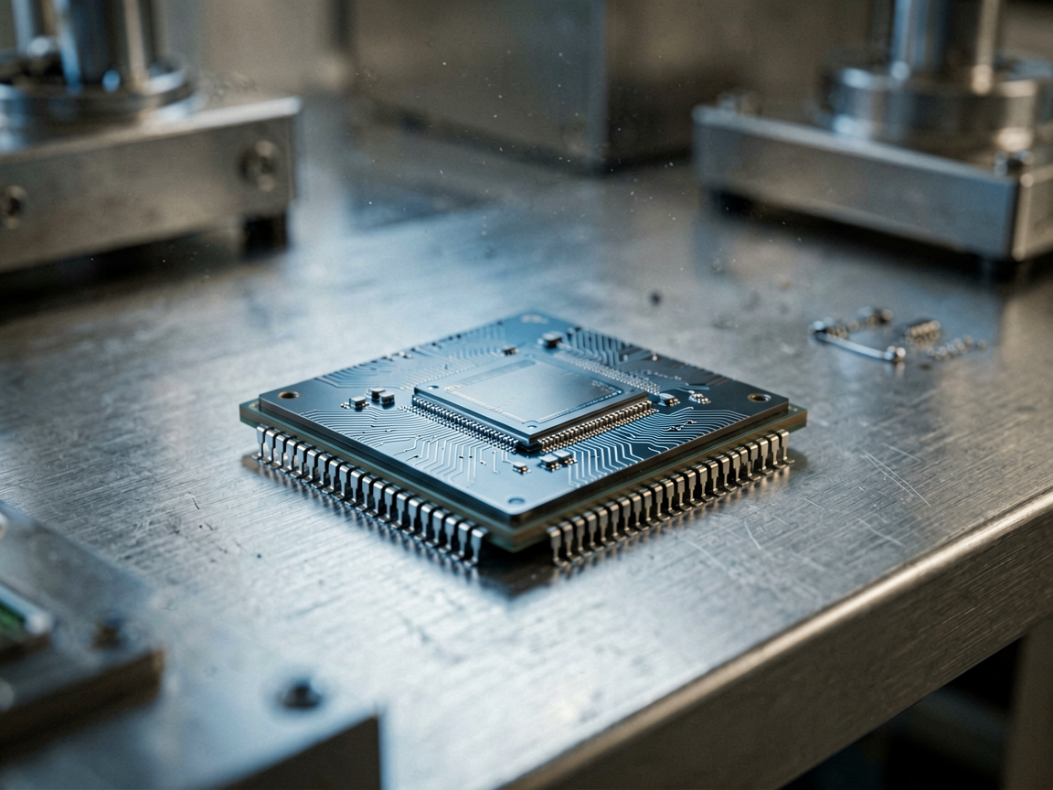 A close-up editorial shot of a sleek, minimalist industrial processor chip resting on a textured metal workbench, illuminated by cool blue light against a warm 