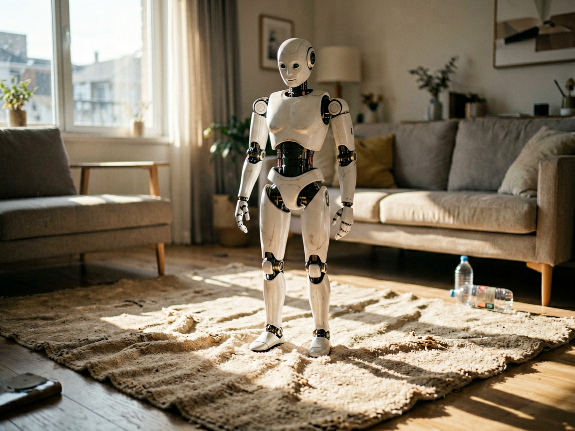 Humanoid robot balancing on a wrinkled carpet in a sunlit living room