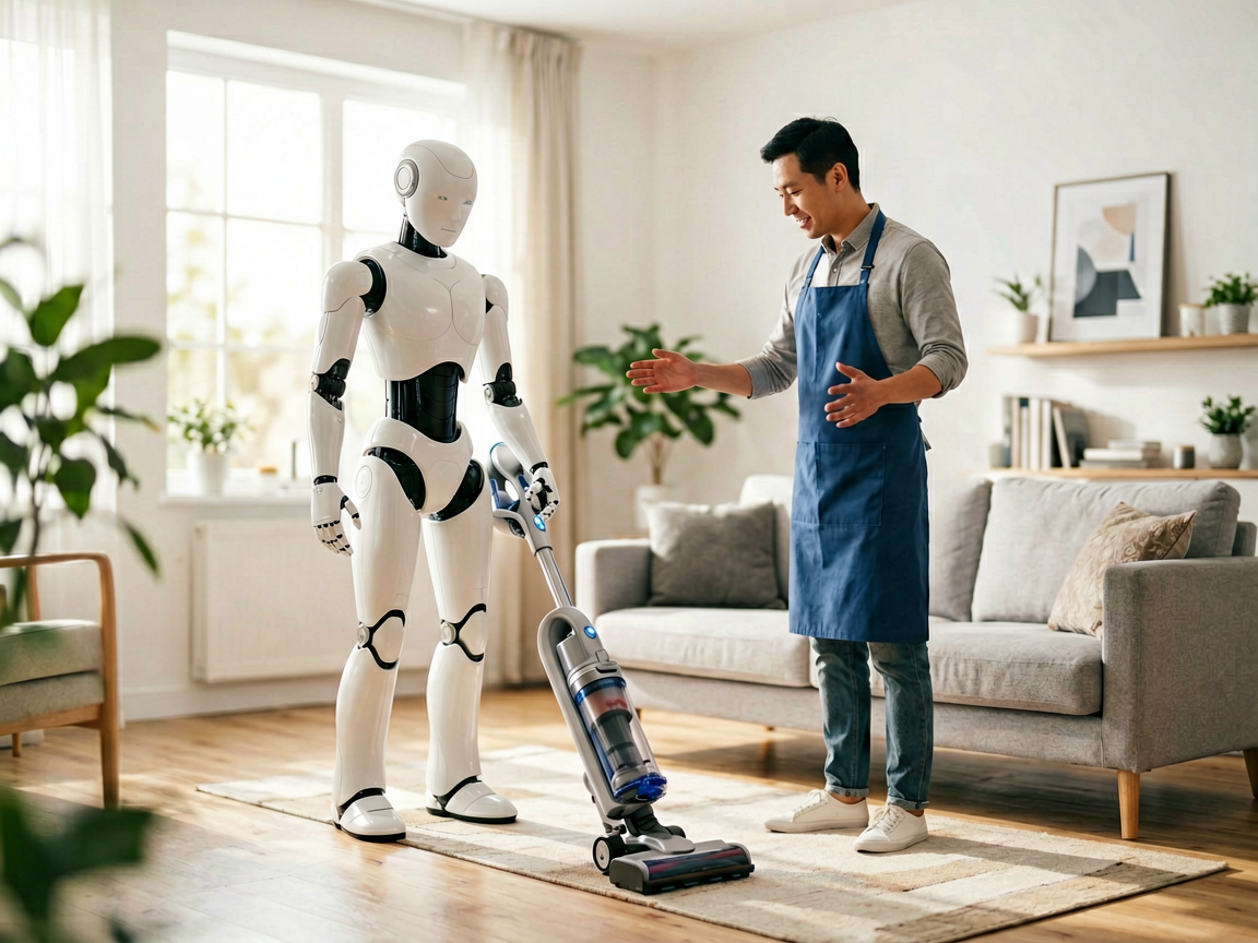 A humanoid robot assisting a cleaner in a tidy living room