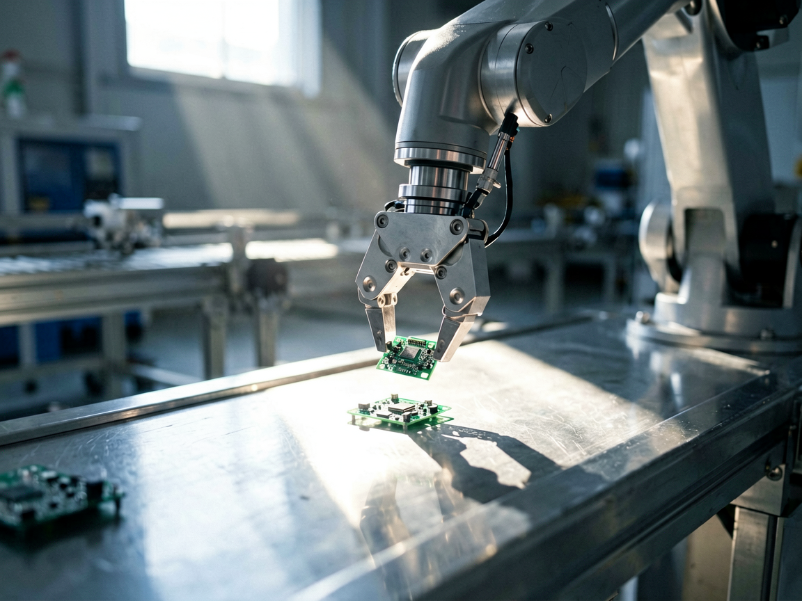 Robotic arm gripping a small circuit board on a 3C assembly line under mixed lighting.